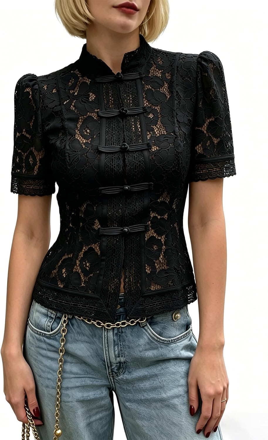 Lace Top for Women Floral Embroidery Stand Collar Puff Sleeve Blouse Trendy Streetwear
