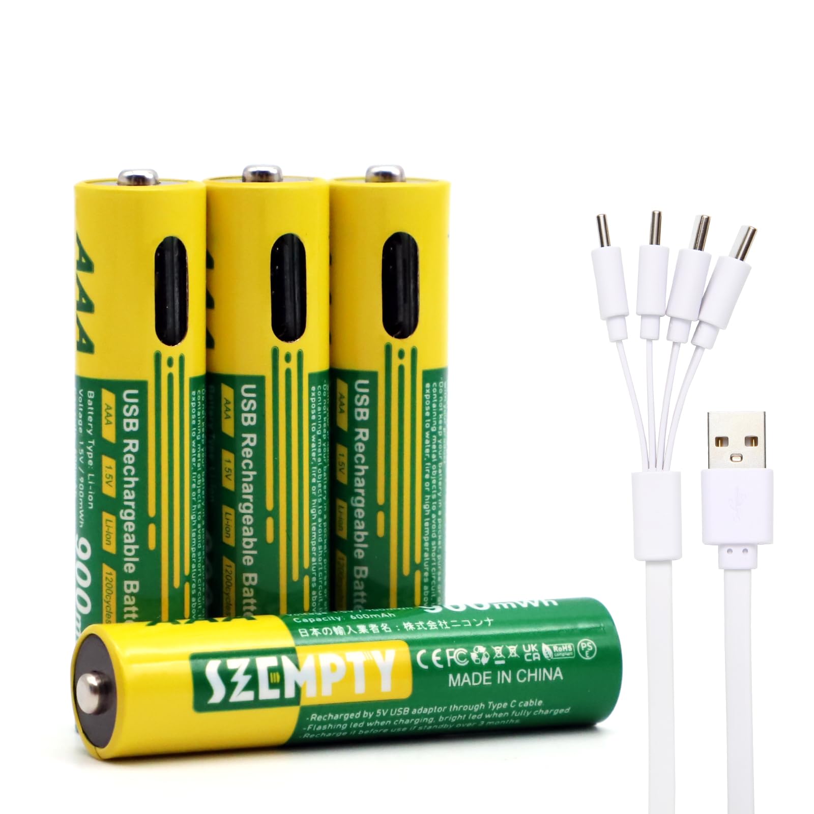 SZEMPTY単4形USB-C充電式リチウムイオンバッテリー 4本セット 900mWh(600mAh)1.5V大容量typeC充電 単四電池高安全性
