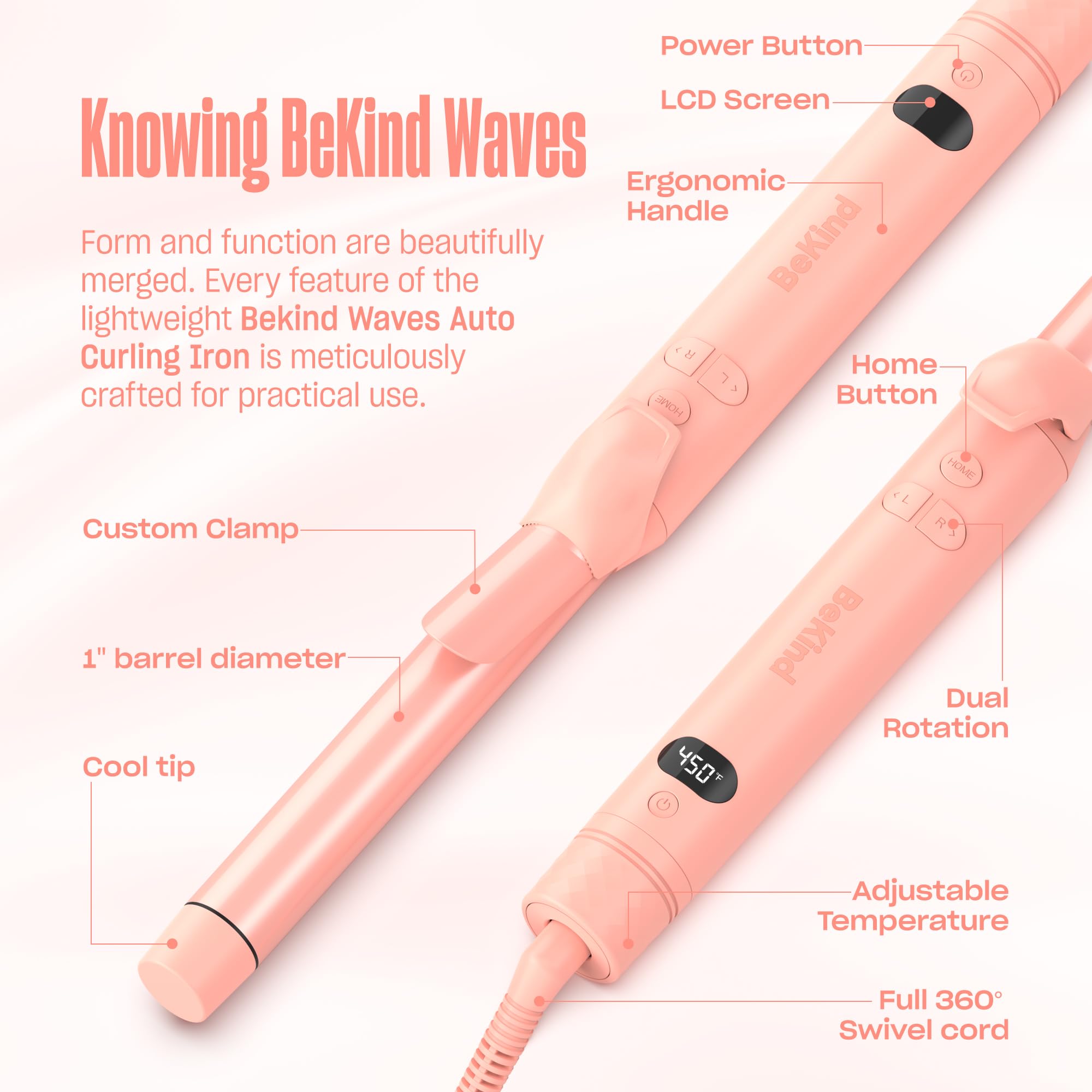 BeKind Waves Automatic Rotating Curling Iron, 1 Inch Tourmaline Ceramic Wand
