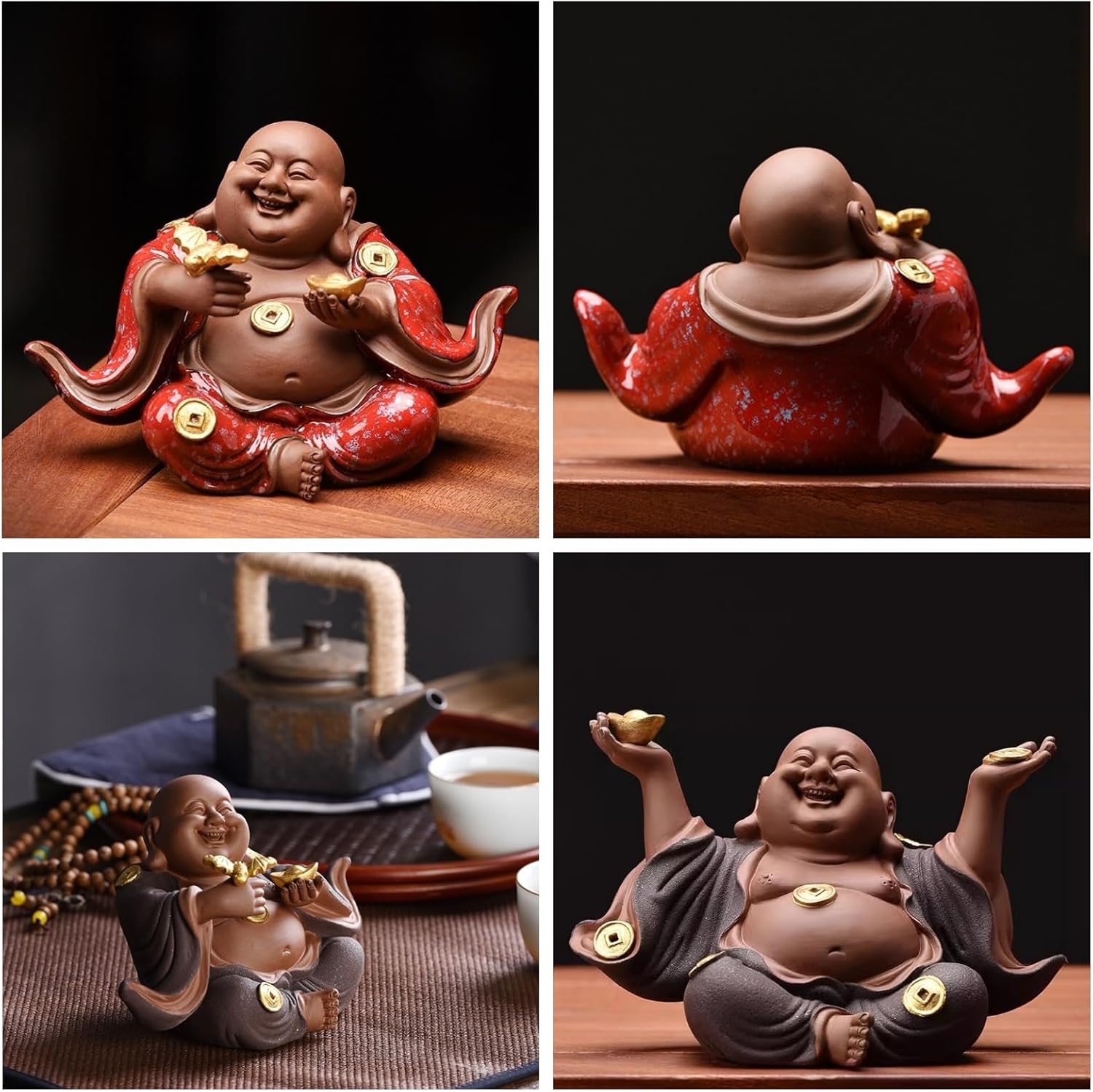 Eeeza 仏像 布袋 陶磁器製 置物 七福神 笑え 布袋様 金元宝持つ