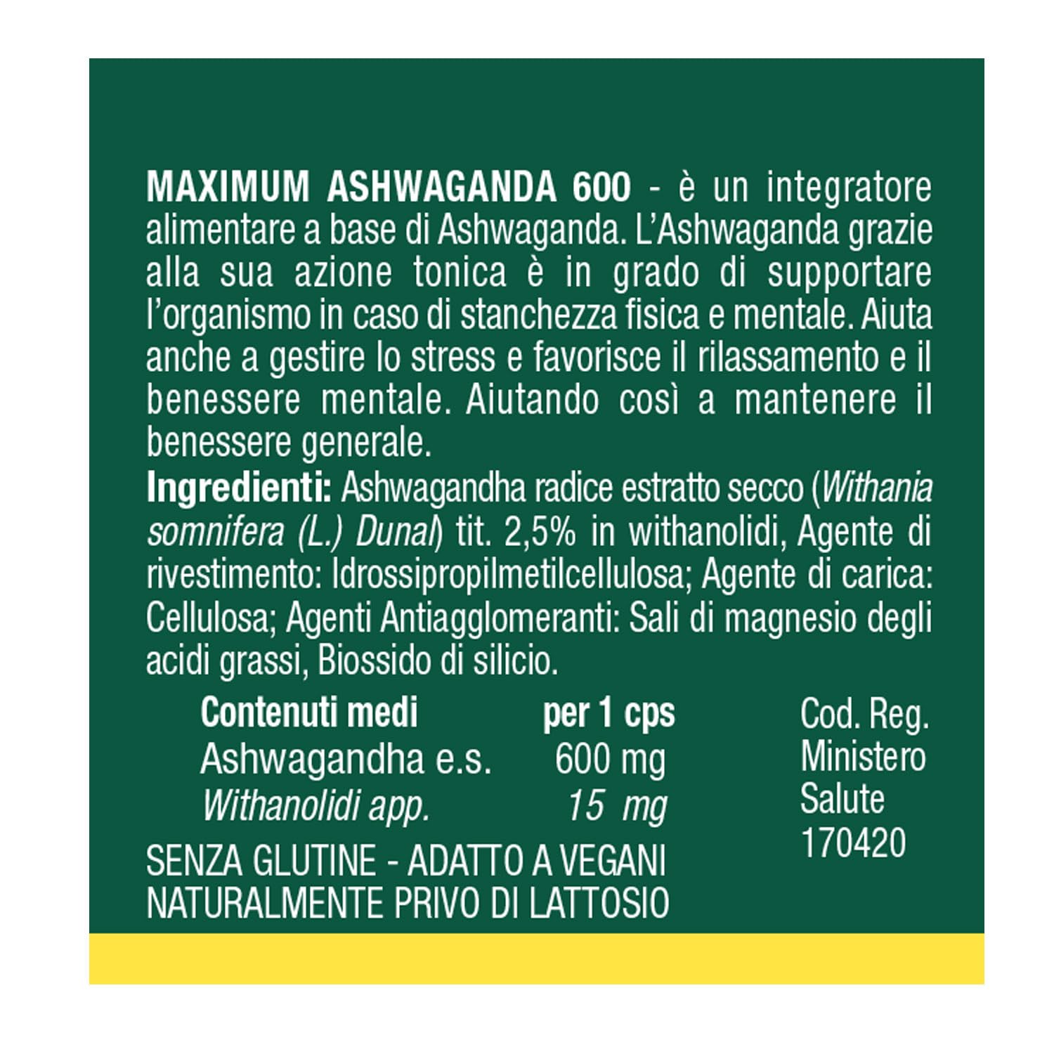 Naturando Maximum ASHWAGANDA 600 Integratore alimentare, con Ashwaganda, ottima in caso di stanchezza fisica e mentale – Flacone da 40 capsule vegetali