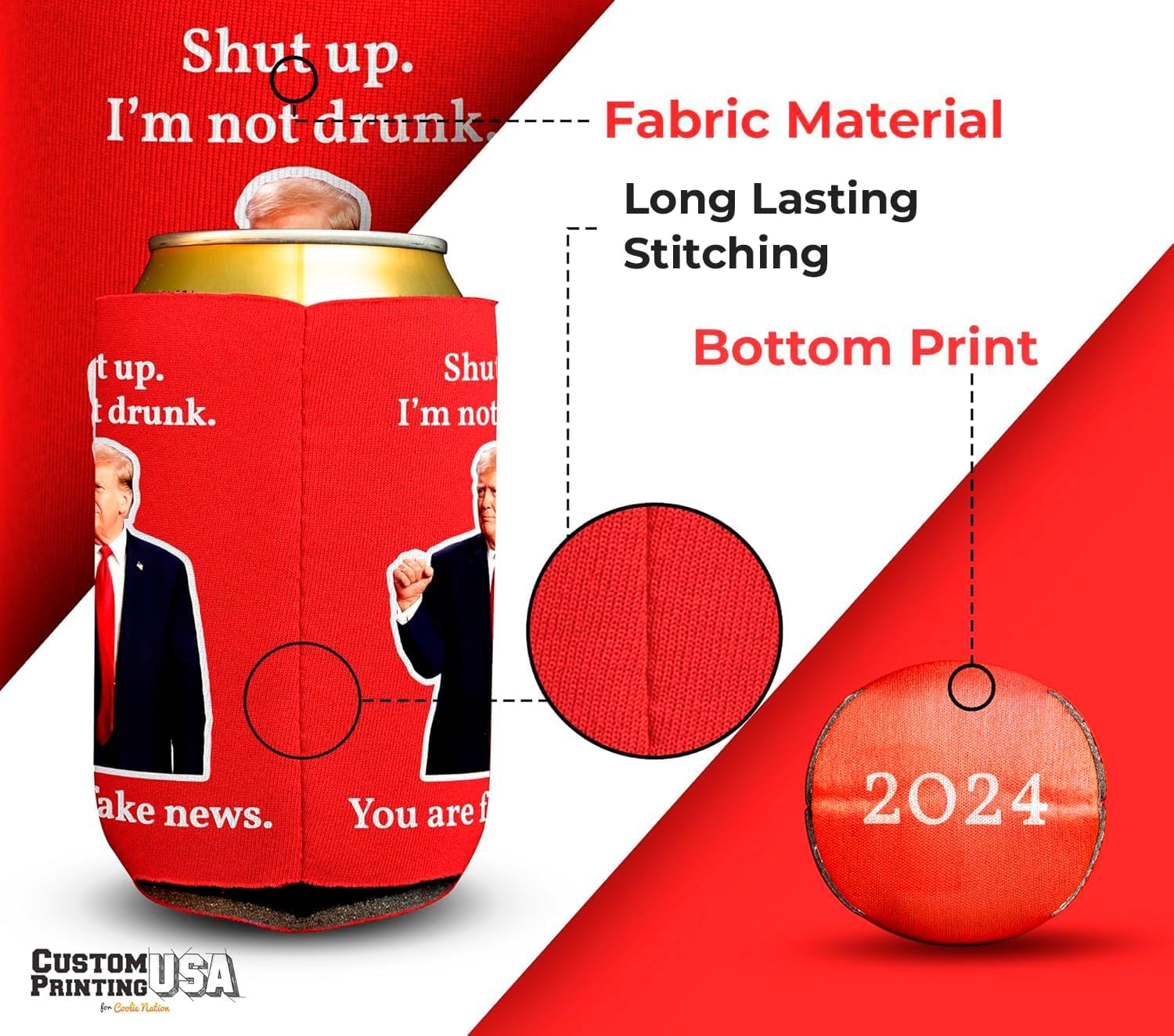 Generic 6 Pack of Coolies for Trump Fans I Fabric Can Sleeves I Donald Trump Can Huggers. Funny Trump Coolies. Full Color Beer Can Sleeves. Perfectly Sewed. USA printed., 12oz, Red, Trump-News2024