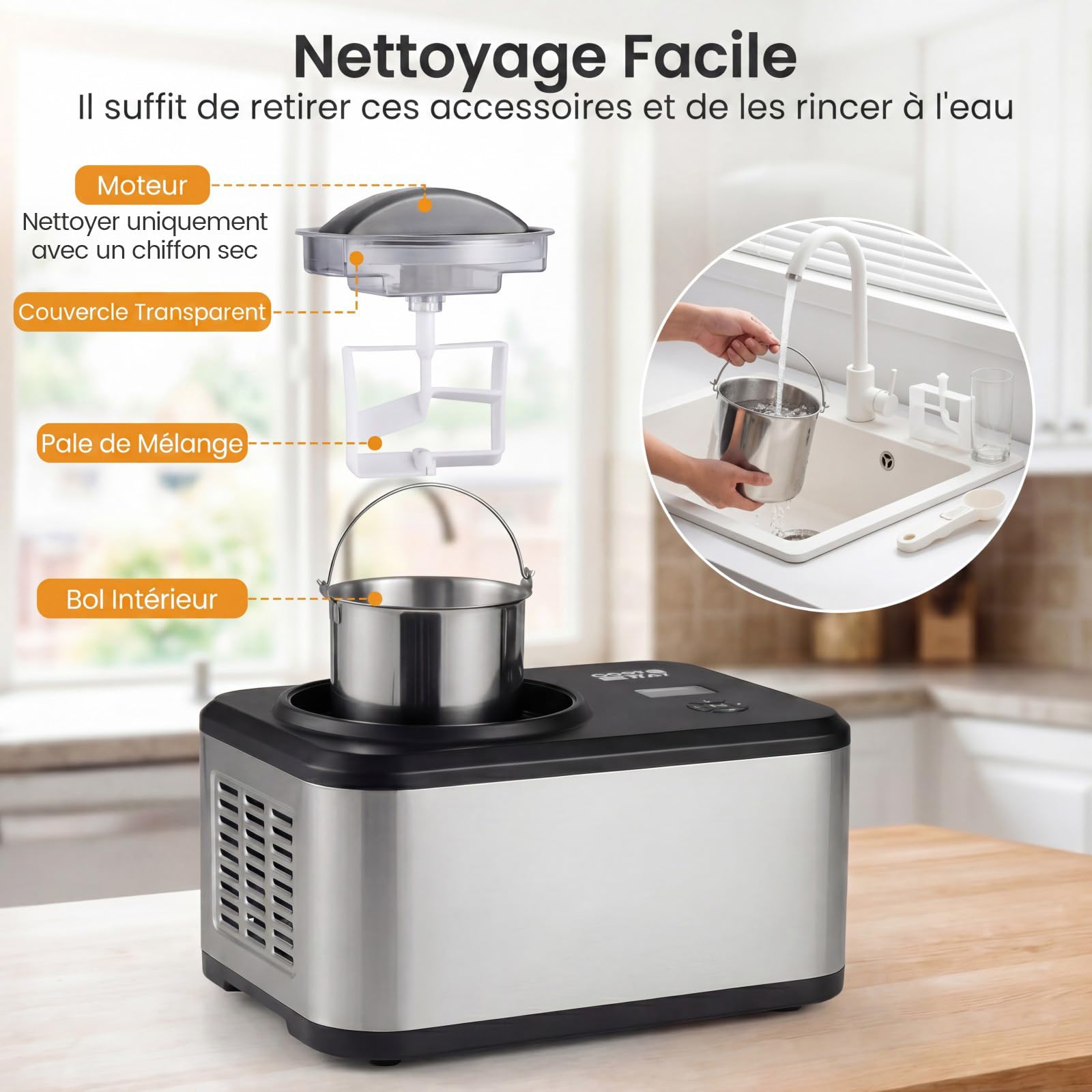 COSTWAY Sorbetière Turbine à Glace Professionnelle 1,5L Machine à Glace avec Écran LCD, 120W, Minuterie, Compresseur Intégré, Maintien du Froid, Bol de Préparation Amovible Inoxydable, 3 Modes