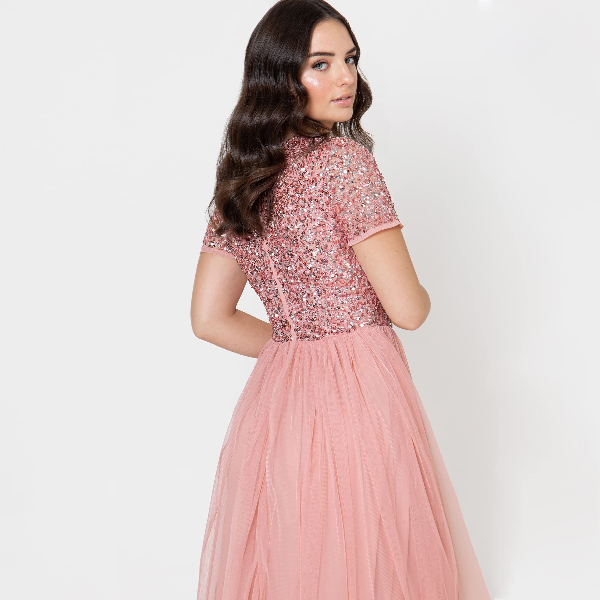 Maya Deluxe Abendkleid mit Pailletten Cocktailkleid Damen mit V-Ausschnitt Tüllkleid Blüte Größe 38 – Bild 5