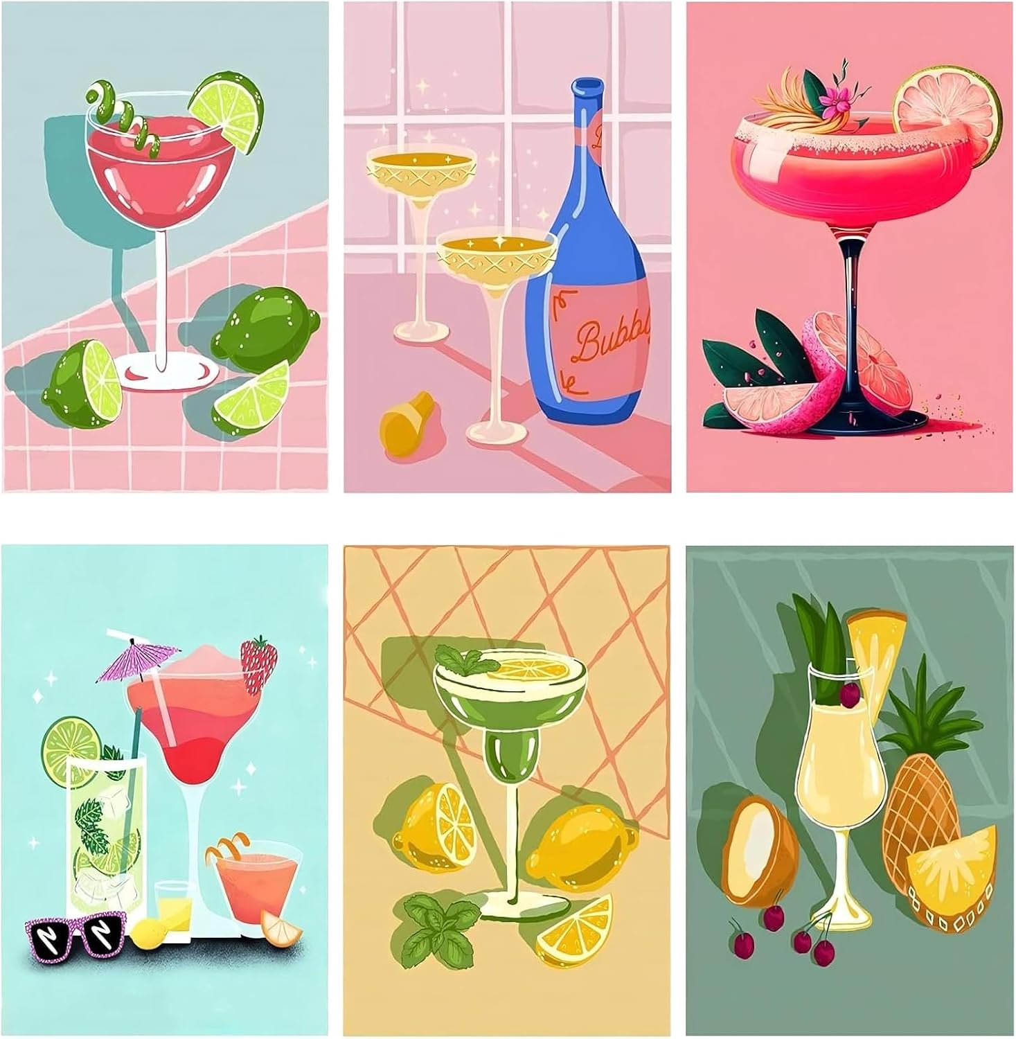 6 Pack Paint by Numbers for Adults, Cocktails Paint by Numbers Kits for Adults, 8×12 Inch Adult Pain-t by Num-bers, Cocktail DIY Acrylic Oil Adult Pain-ting by Num-ber, Perfect for Gift Home Decor