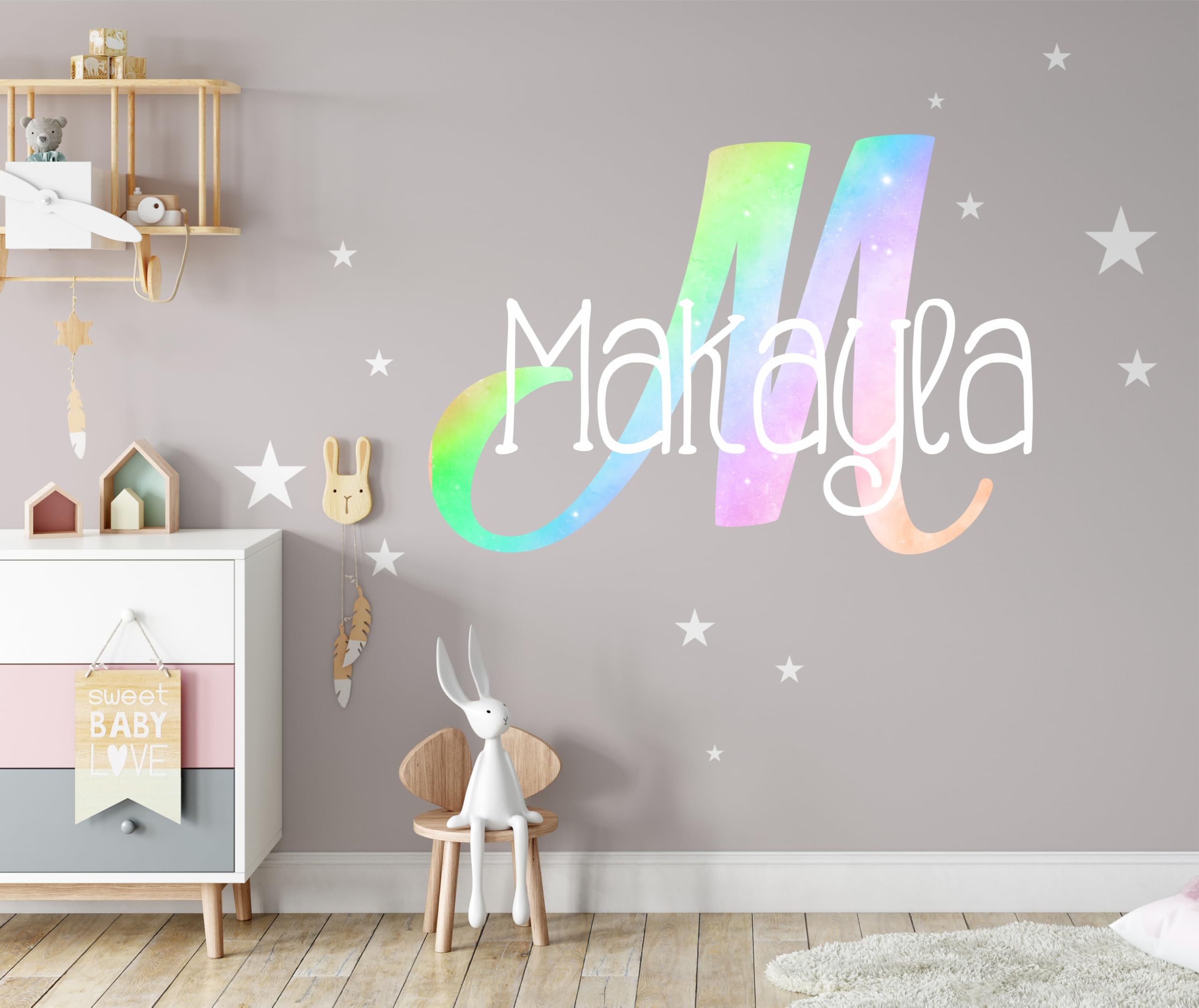 Girls Nursery Shimmer Rainbow Printed Initial and Stars Custom Personalized Name and Initial Kids Vinyl Wall Decal, Wall Sticker Decor for Babies (