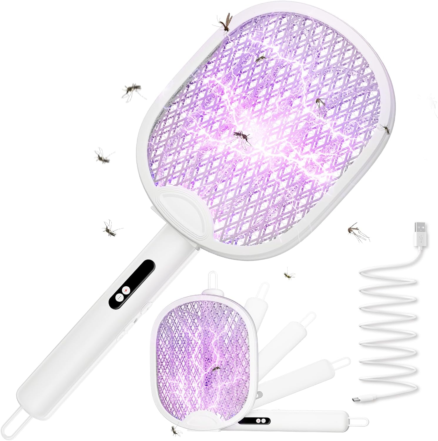 3-in-1 Elektrische Fliegenklatsche 4000V Stark, 1800mAh Akku Insektenvernichter USB-C, 180° Klappbare Mückenklatsche mit LED, Wandmontage &amp; Selbststehen(Ceramic White)