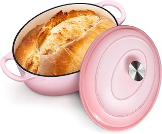 P&P CHEF Oval Dutch Oven with Lid, Enameled Cast Dutch Oven Pot for Bread Baking, Braising, Stewing, Roasting, Non-Stick & Oven Safe, Dual Handles & Easy Clean, 7QT & Pink, Valentine's Day
