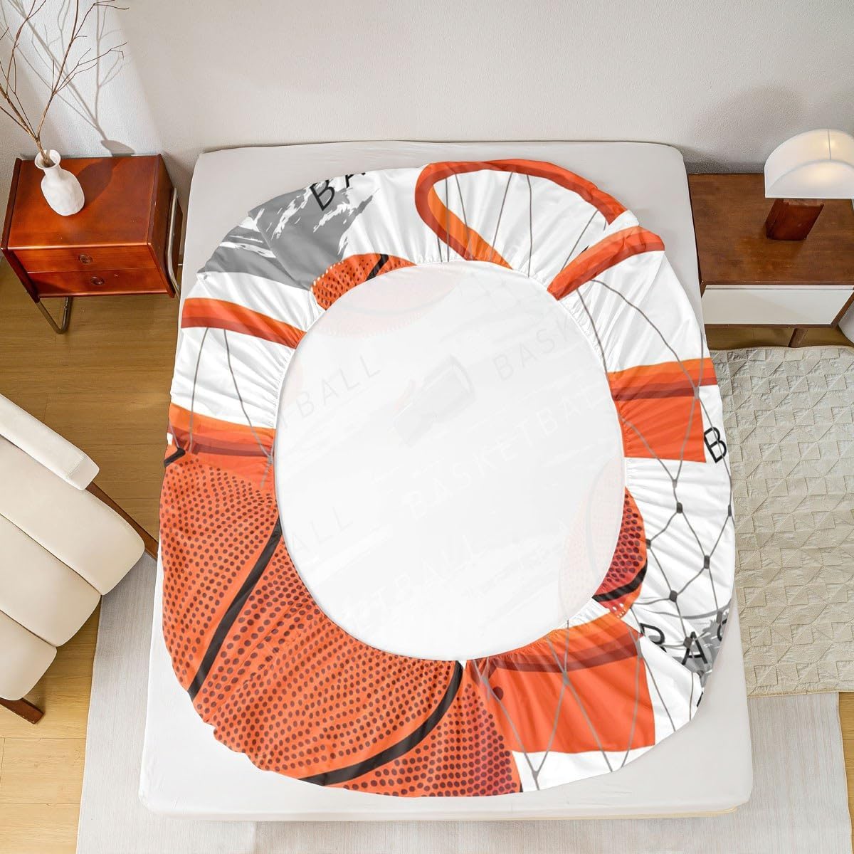 Basketball Sheet Set Twin Size Orange Basketball Print Bedding Set for Kids Boys Teens Room Decor, Sports Gaming Theme Bed Sheet Set 3pcs with Deep Pocket Fitted Sheet + Flat Sheet + 1 Pillowcase