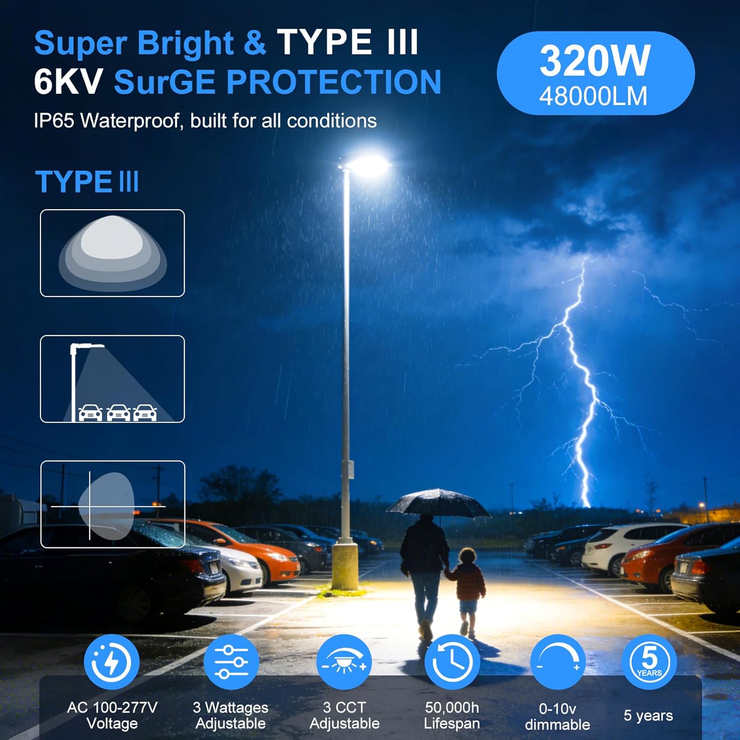 ADUB LED Parking Lot Light, 320W 240W 200W, 48000LM, 3000K/4000K/5000K CCT, 0-10V dimmable DLC & ETL Listed, IP65 Rated, AC100-277V, with Adjustable arm & Slip-fit Mount for Parking/Area Lighting