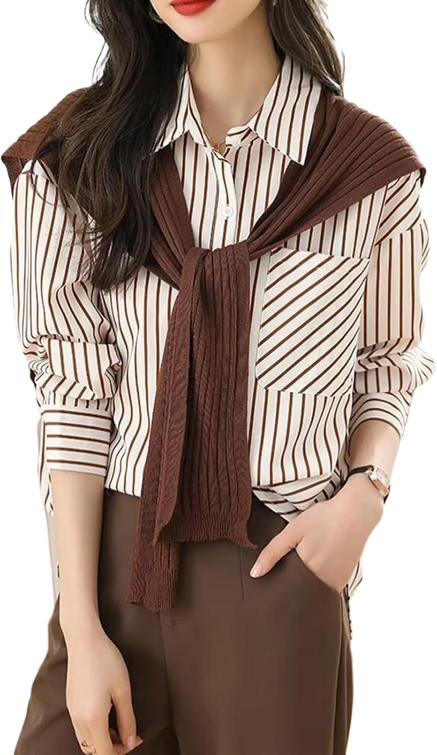 Women's Long Sleeve Spring Autumn Blouse Loose Striped Shirt with Knitted Shawl Casual Clothing Elegant Top