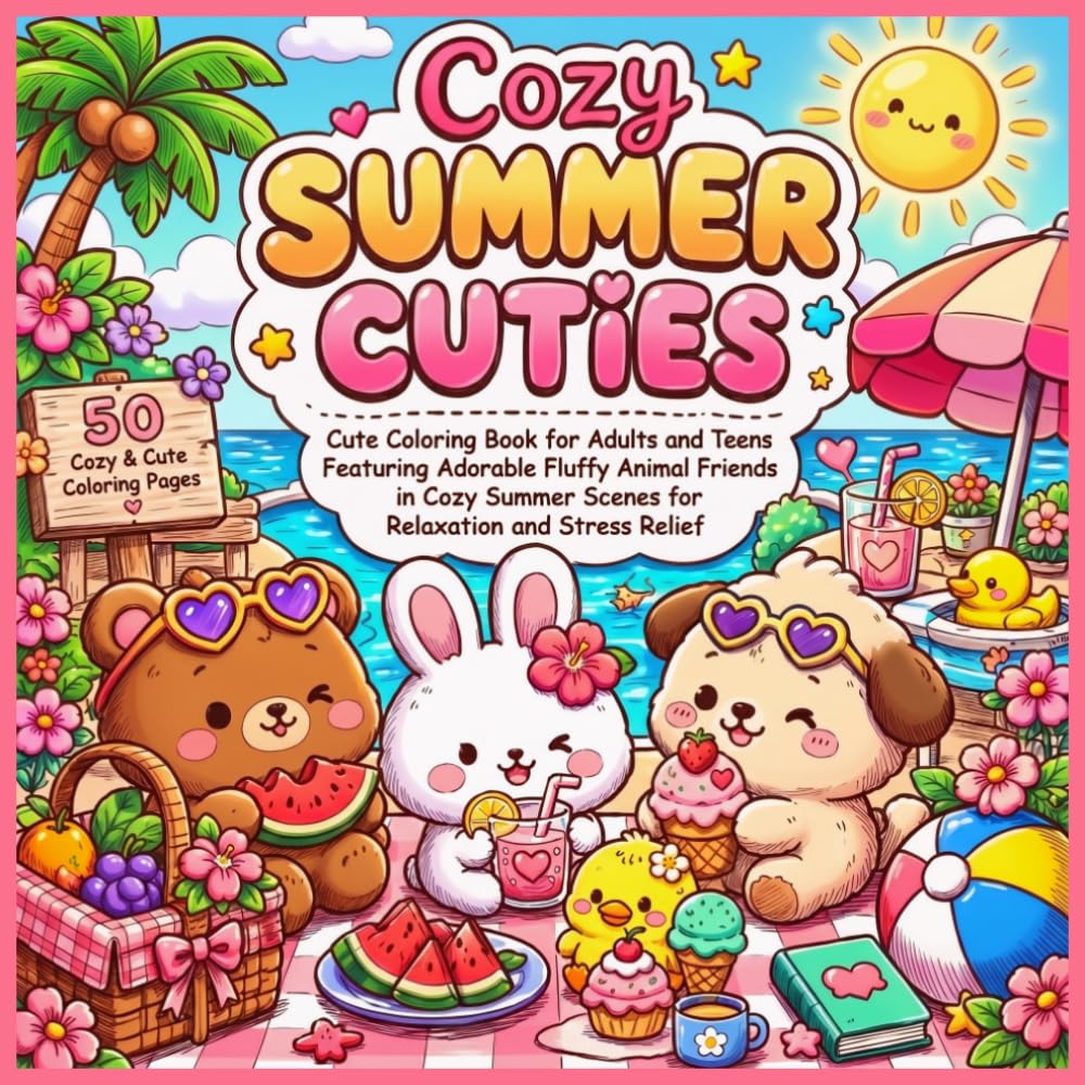 Cozy Summer Cuties: Cute Coloring Book for Adults and Teens Featuring Adorable Fluffy Animal Friends in Cozy Summer Scenes for Relaxation and Stress Relief