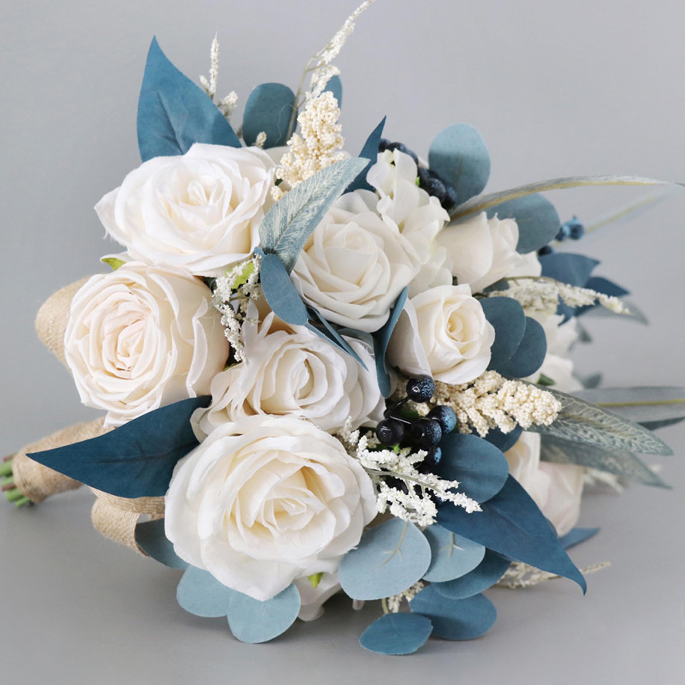 Fiori artificiali, bouquet da sposa per la sposa, bouquet da asimmetrico a cascata con gocce di rosa bianca, bacche e foglie per accessori fotografici e feste di sarchiatura, 10 x 20 pollici