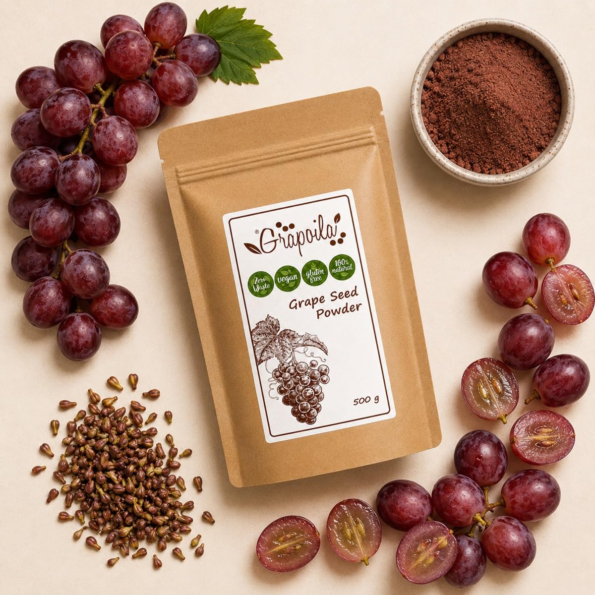 Poudre de pépins de raisin 500 g – Superaliment sain – Source naturelle de resvératrol