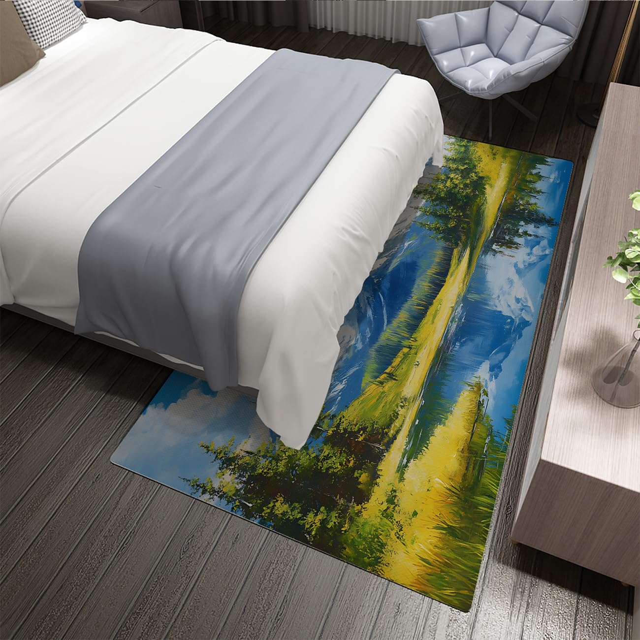 Mountain Forest Teppich fürs Wohnzimmer Aquarell Frühlingslandschaft Waschbare Fläche Teppiche Blau weich dünn großer Teppich für Schlafzimmer Bauernhaus 90x120cm