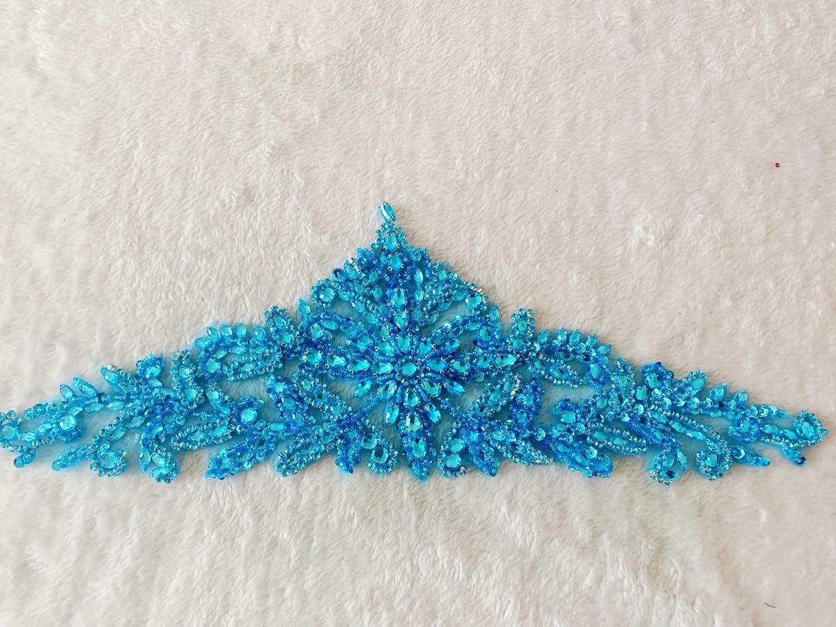 Handmade Rhinestones lace Applique sew on Beads Sequins Patches Accessories for Dress Clothing Waist Trim (Sky Blue)
