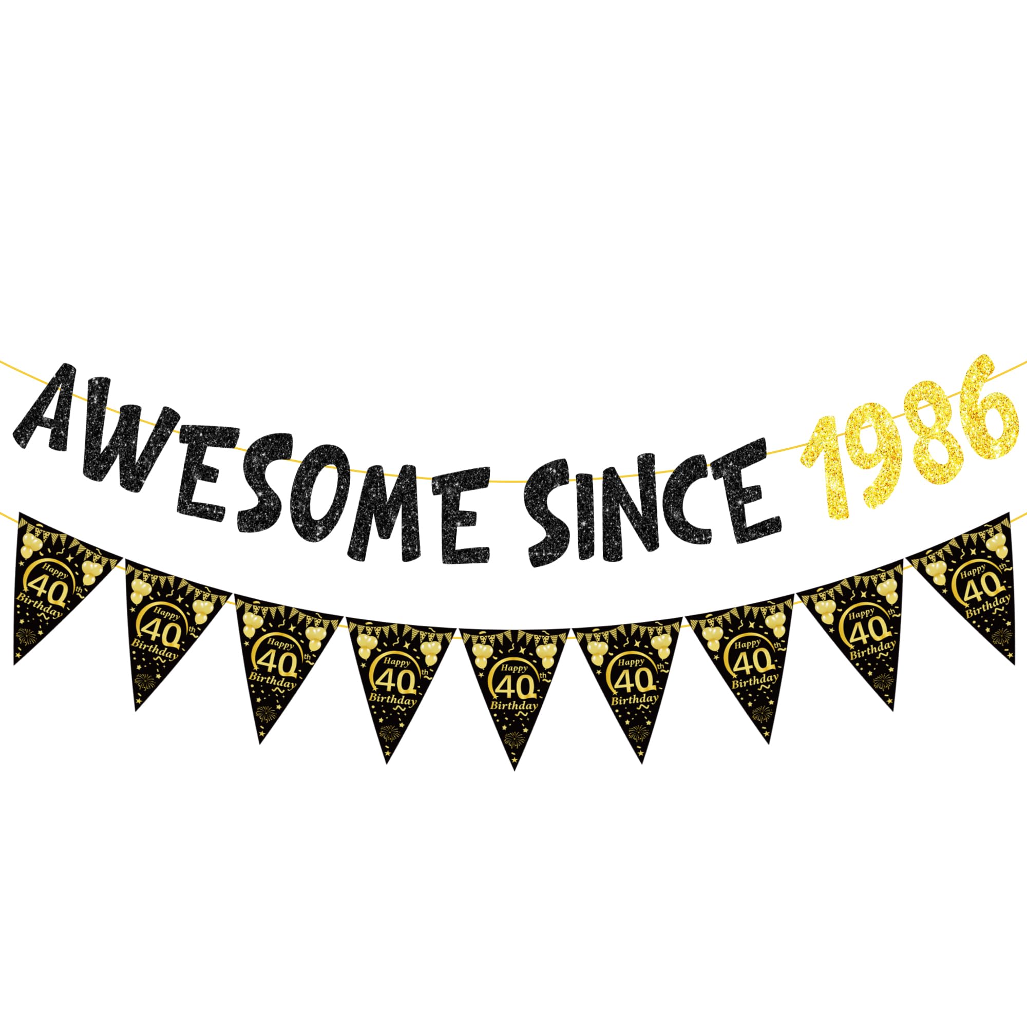 40th Birthday Banners Decorations Men - 2 Pcs Black Gold Pre-strung Awesome Since 1986 Sparkling Banner Happy 40th Birthday Triangular Flag for 40 Year Old Party Decoration Supplies Photo Background
