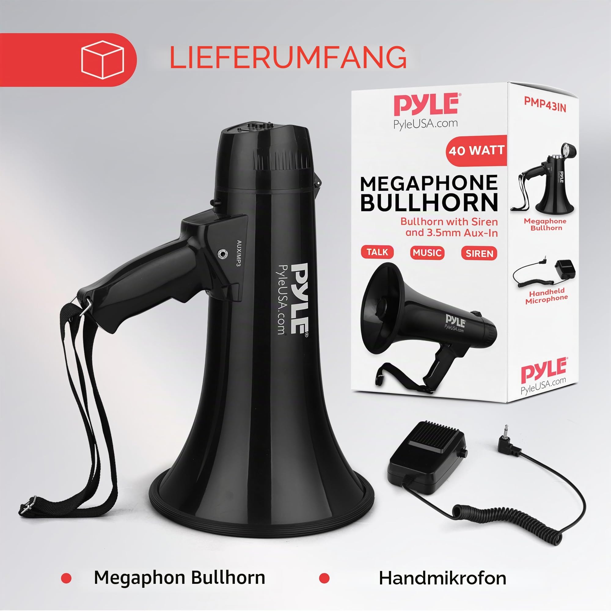 Pyle Megaphon mit Sirene, Signalhorn – Siren Megaphone – Megafon Kinder & Erwachsene 40W, Faltbare Handsirene als Polizei Sirene, Fußball Hupe & Tröten zum Anfeuern Sport, Megaphone Laut bis zu 915m