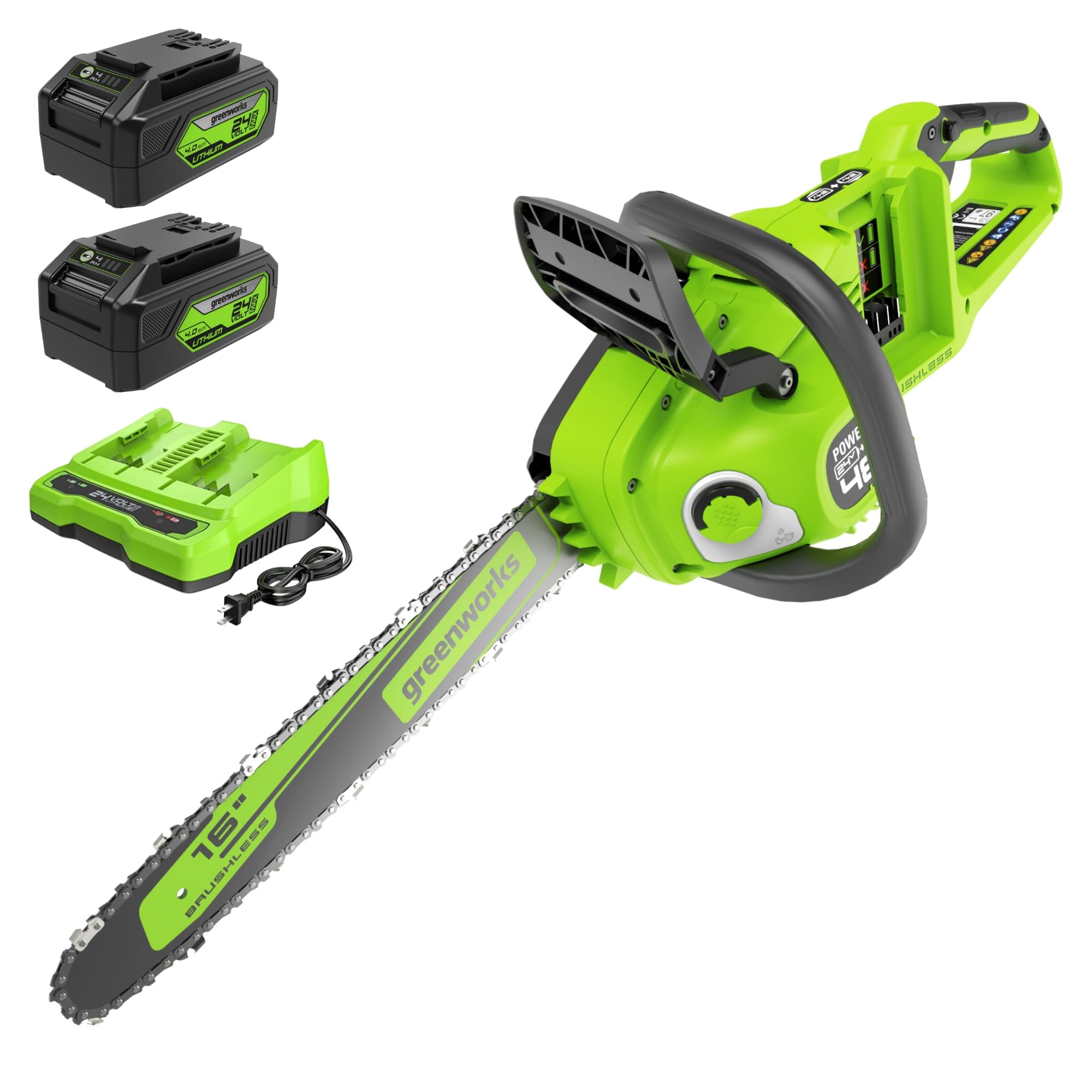 48V (24V x 2 ) 16" Brushless Cordless Chainsaw (Great For Tree Felling, Limbing, Pruning, and Firewood / 200+ Compatible Tools), (2) 4.0Ah Batteries and Dual Port Rapid Charger Included