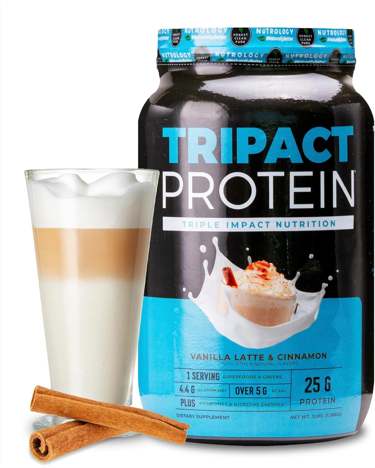Nutrology TRIPACT Protein Powder - 7-in-1 Meal Replacement Shake with Grass Fed Whey Protein Powder, Pea, Rice, Greens for Muscle Recovery & Immunity, Vanilla Latte & Cinnamon Flavor, 40 Servings