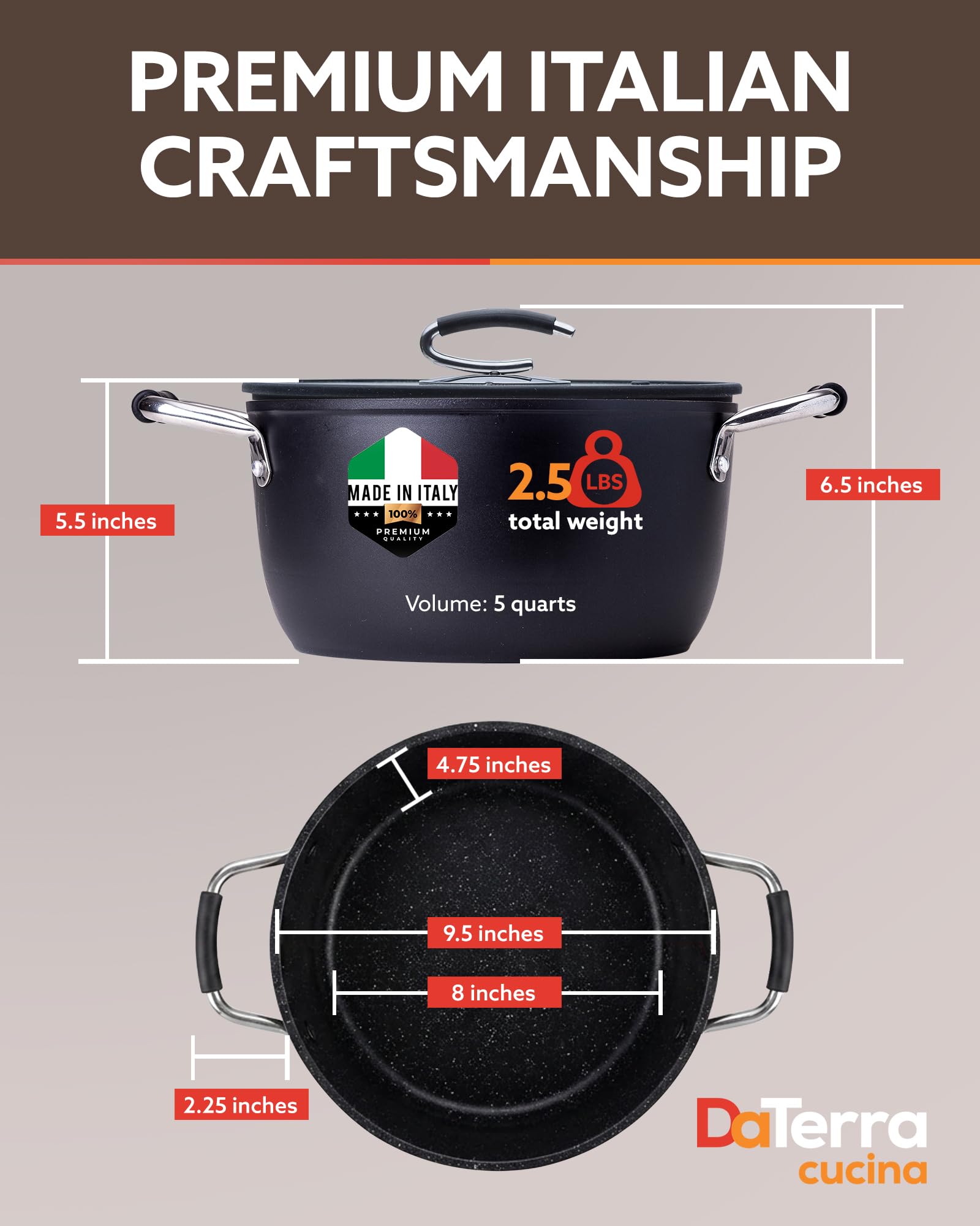 DaTerra Cucina - Pentola da forno olandese in ceramica antiaderente da 5 qt con coperchio - Pentola leggera antiaderente con doppi manici, perfetta per zuppe, pasta, soffriggere, scottare, induzione e