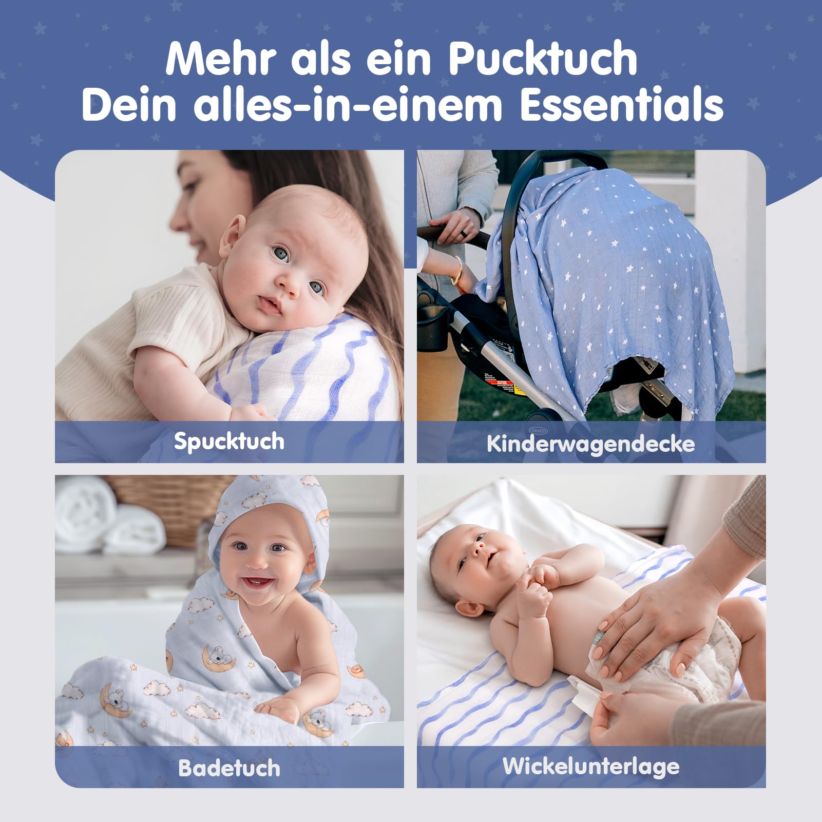 hahaland Mulltücher Baby aus 100% Bambusfaser Musselin – 3er Set (120×120 + 2×100×100 cm),Besonders Atmungsaktiv & Weich,Stilltuch, Swaddle, Spucktuch, Baby Erstausstattung Neugeborenen Geschenk Blau
