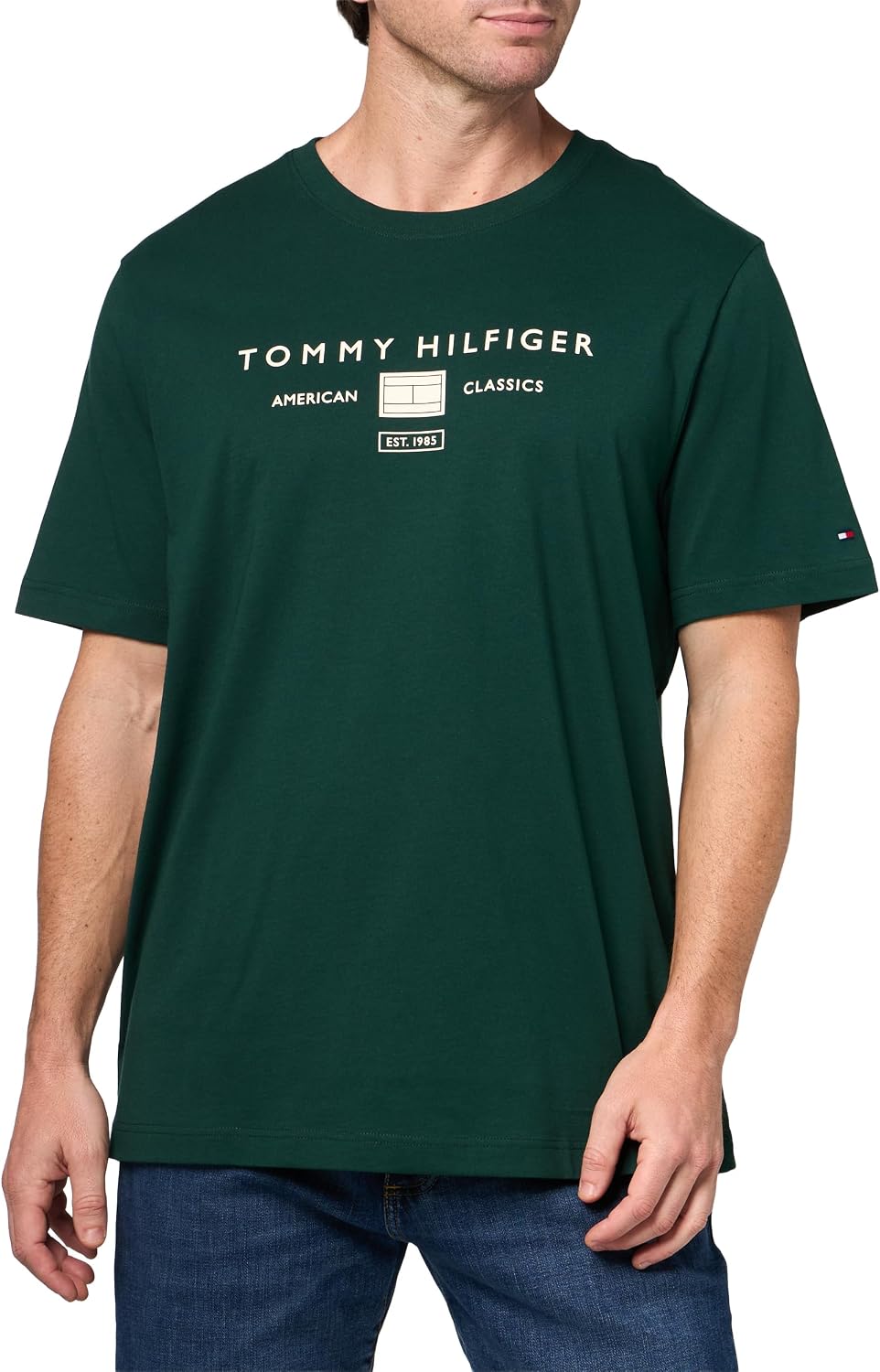 Tommy Hilfiger Men's Short Sleeve Cotton Graphic T-Shirts with Printed Stacked Chest Graphic, Also Available in Big and Tall