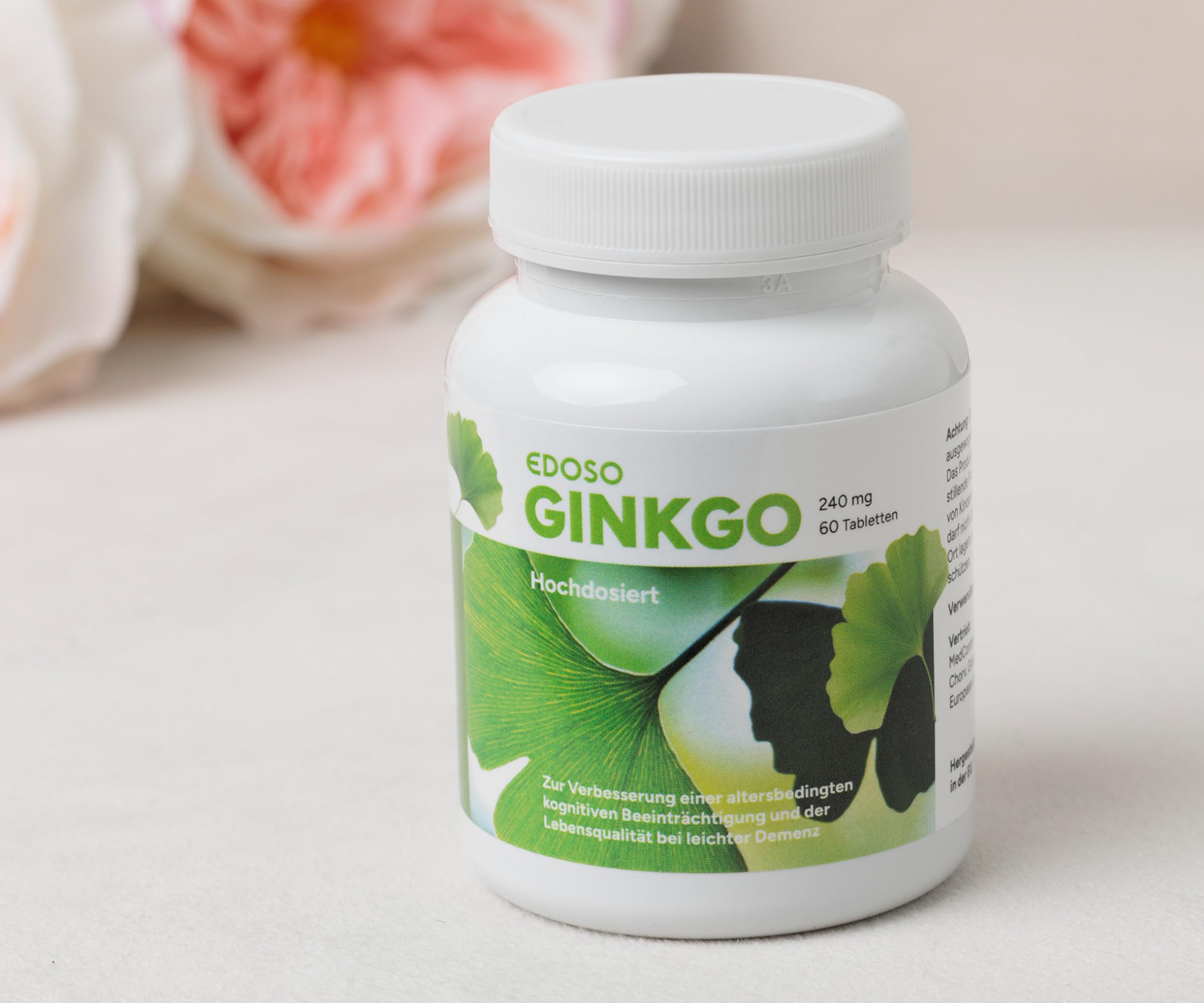 Ginkgo 240 mg | Ginkgo Hochdosiert EDOSO | 60 Tabletten | 50:1 pflanzliches Extrakt Konzentrat | Bei Vergesslichkeit im Alter oder leichter Demenz