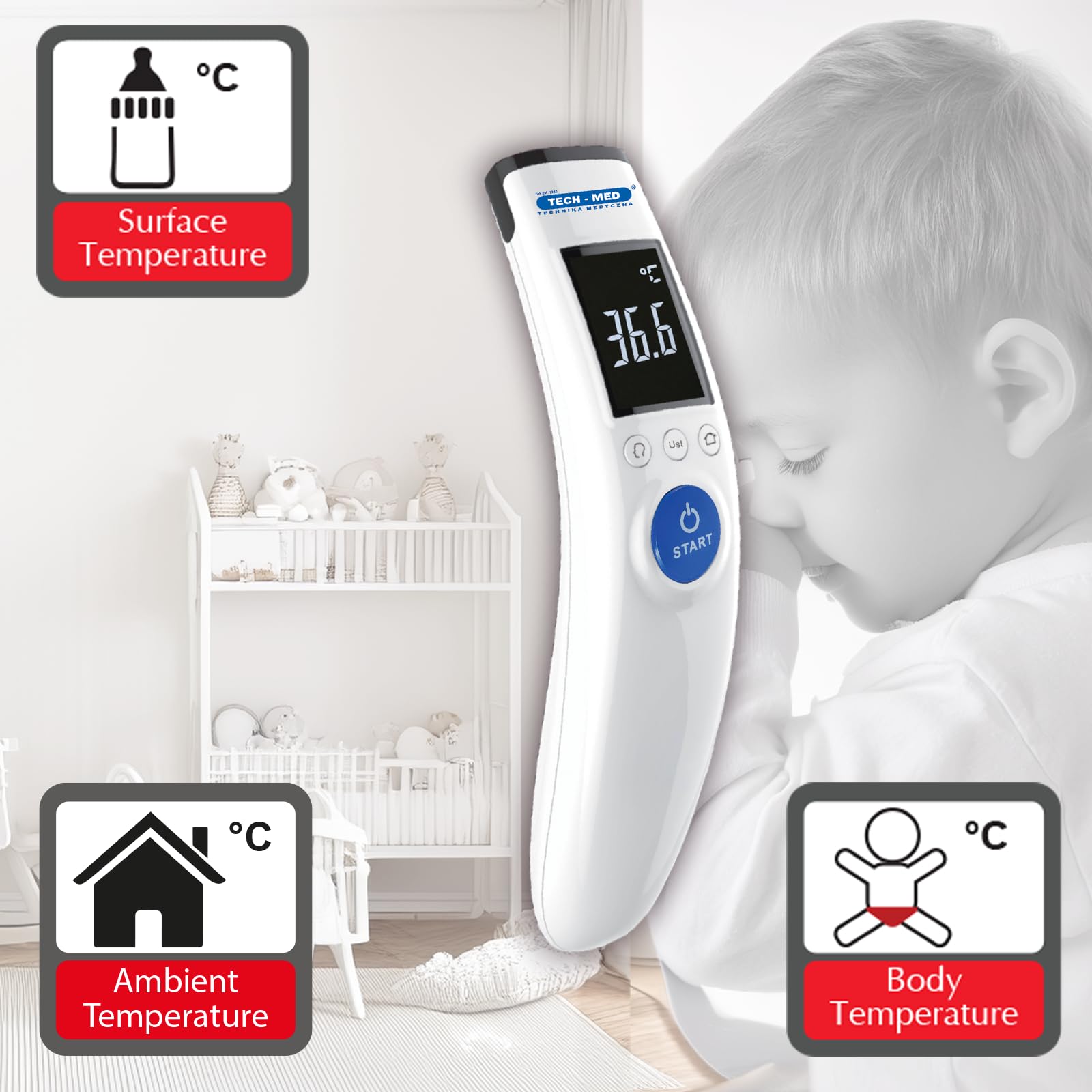 TECH-MED - Elektronisches Infrarot Fieberthermometer Kontaktlos TMB-COMPACT, Fiebermesser Digital, Schnelligkeit der Messung, Temperaturmessgerät Menschen