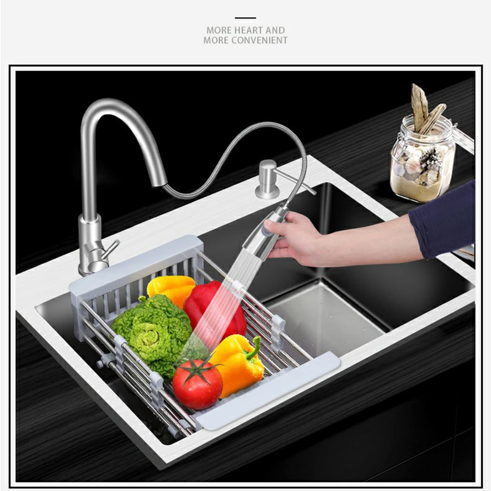 Lavello da Cucina a Vasca Singola in 304 Acciaio Inox Lavandino per Verdure Lavatoio Bar per postazione di Lavoro Lavelli con Rubinetto Estraibile e Componenti di Drenaggio ( Size : 58x43cm/22.8x16.9i