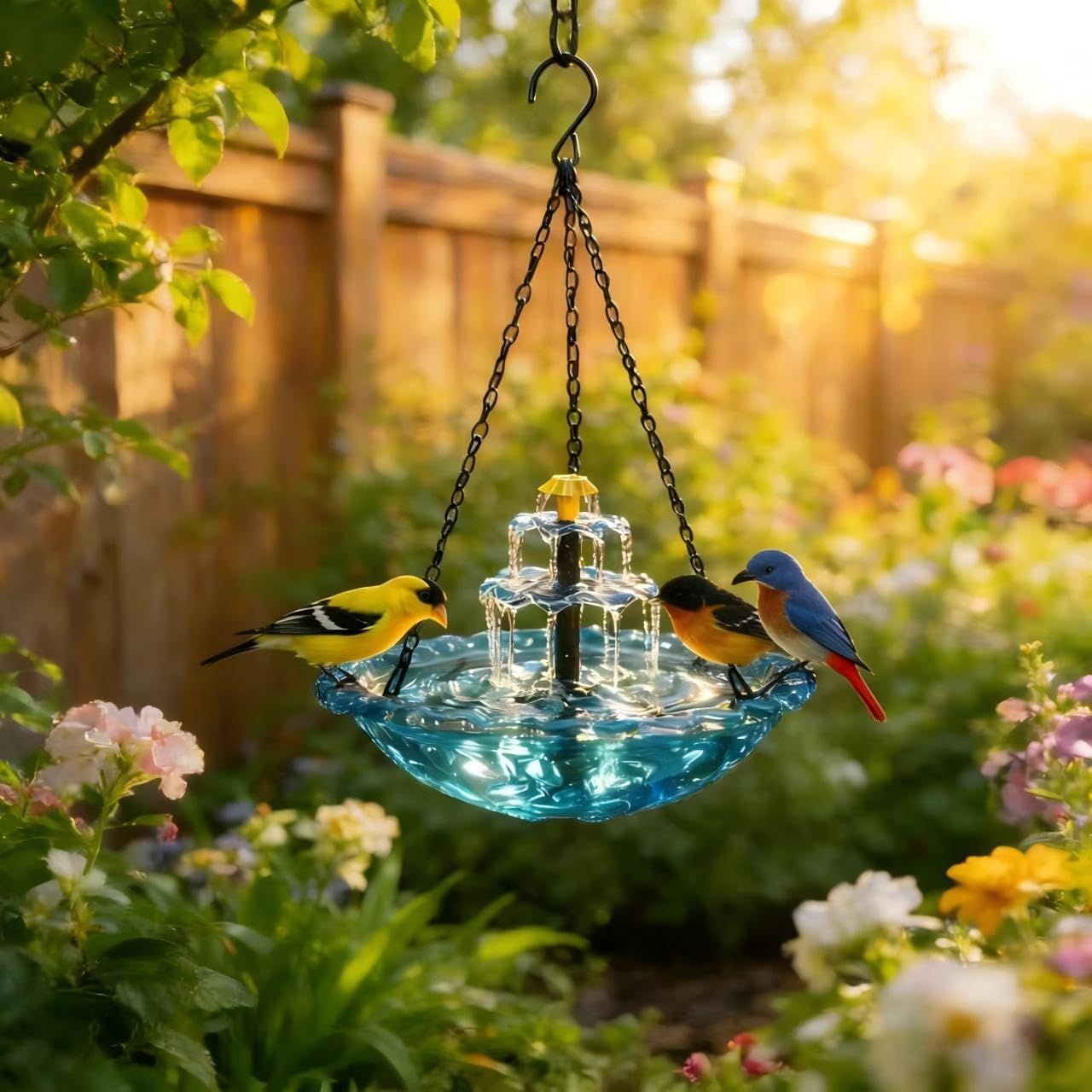 Hanging Solar Bird Bath Fountain, Solar Powered Cascading Outdoor Water Fountain, Hanging Bird Bath with Flowing Water, Decorative Garden Yard Patio Bird Bath Fountain (Blue)