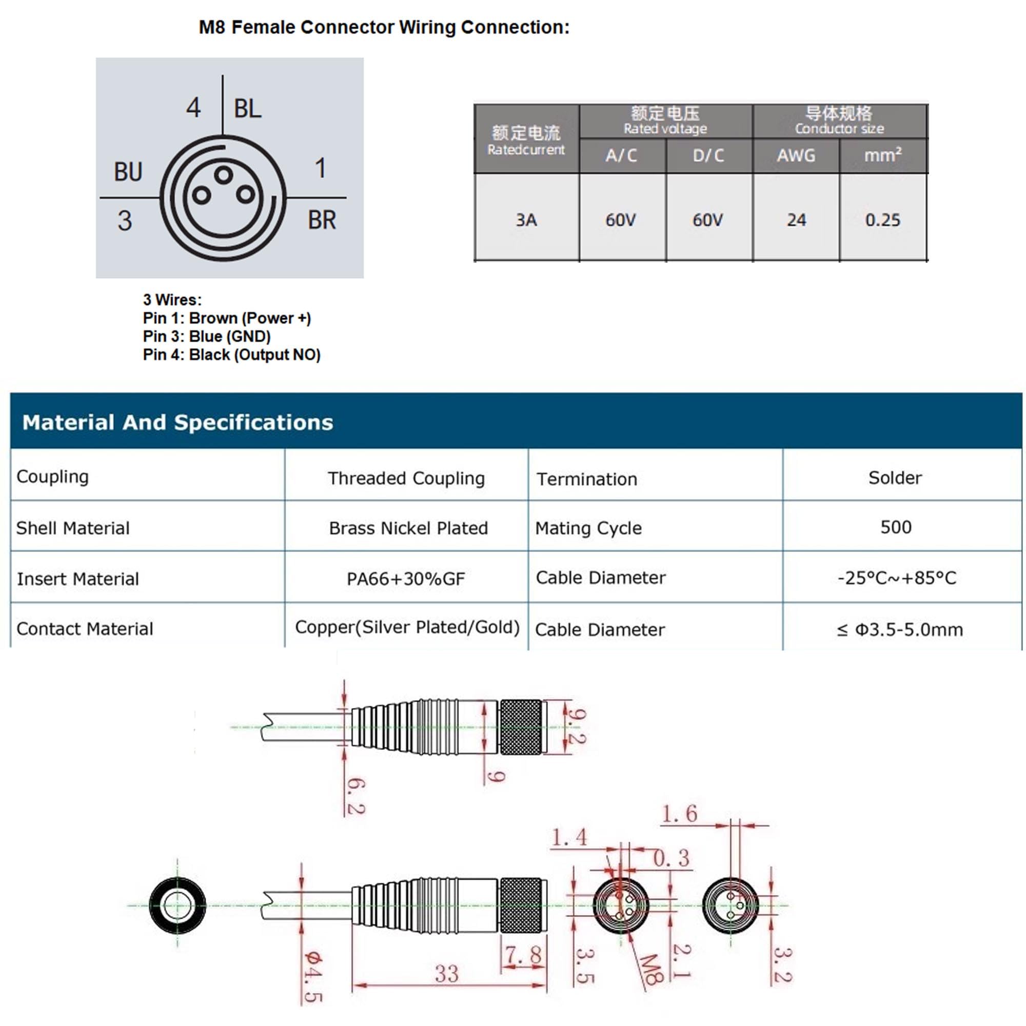 HangTon Câble d'alimentation électrique M8 à 3 broches femelles pour bannière Baumer Turck Sick Automation Contrôle de terrain Dispositif de connexion I/O Commutateur de connexion PVC blindé 10 m