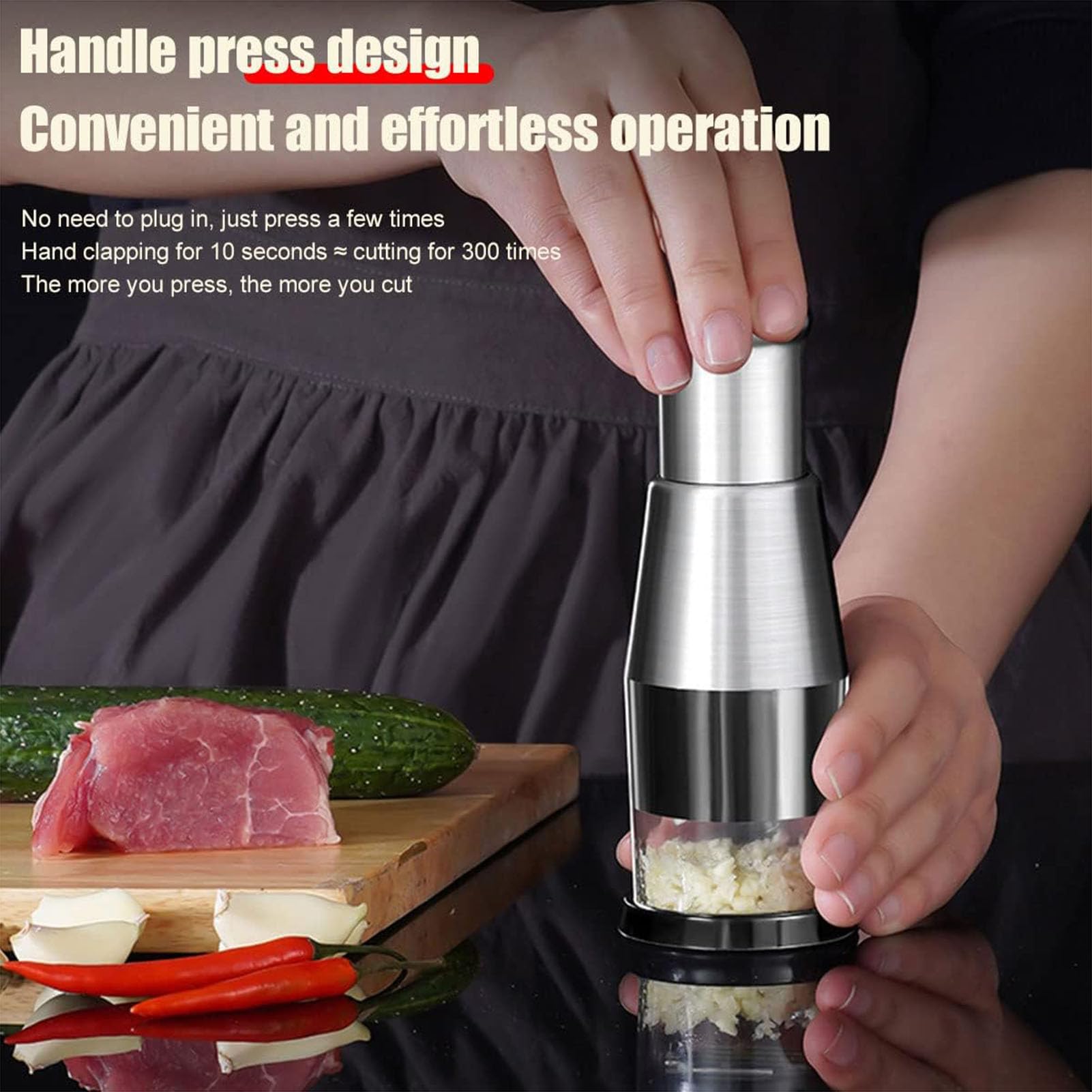 Handgehaltener, kraftsparender Zerkleinerer; kompakter, multifunktionaler Miniwürfler; manuelle Knoblauchpresse aus Edelstahl; ideal zum Zerkleinern von Knoblauch,Silber,B