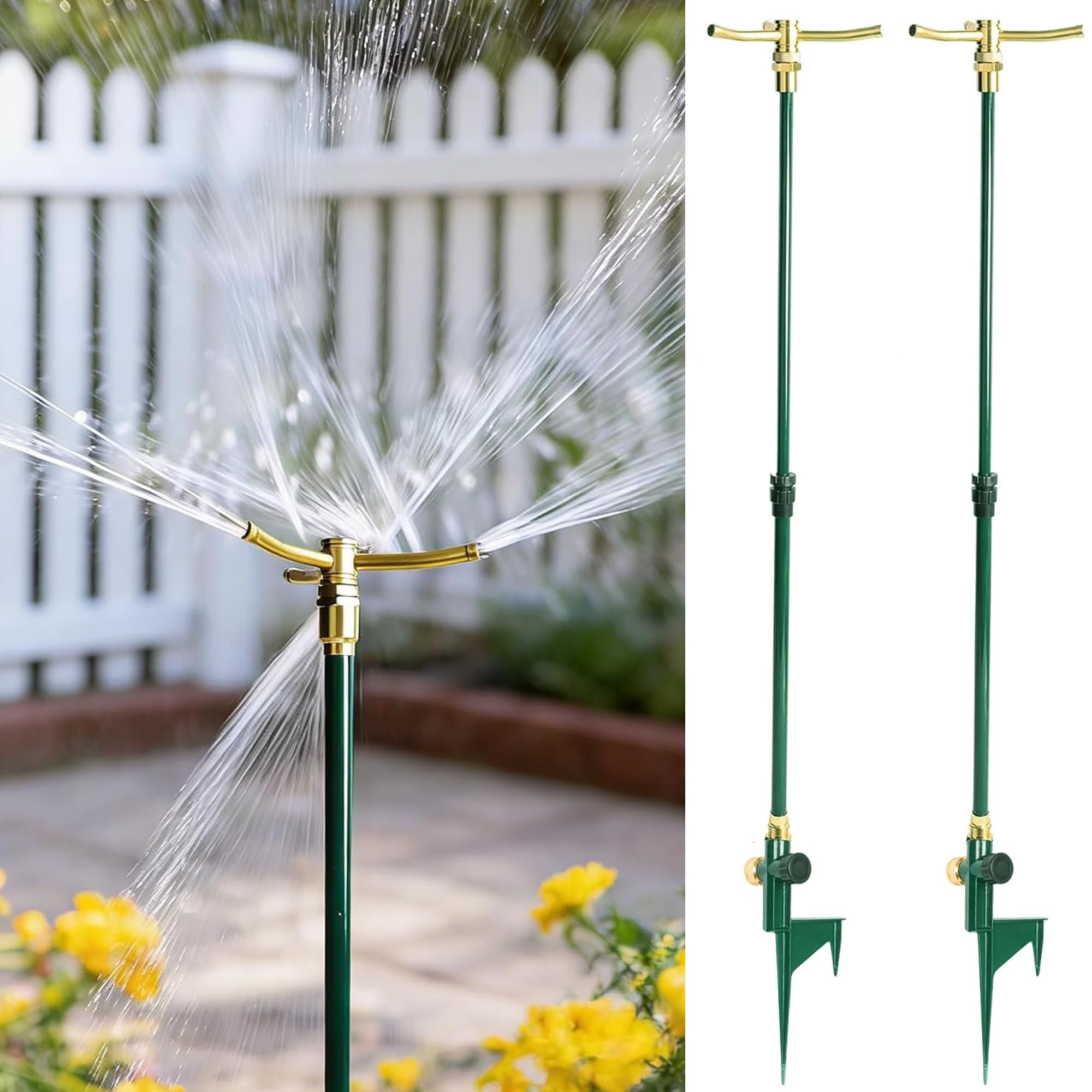 LIULO TOOL 2 Pack 3-Arm Garden Sprinkler, High-Rise Lawn Sprinkler with Adjustable Telescoping Rod and Spike Base, 360 Degree Rotation Irrigation Tool for Large Area Yard Lawn Garden