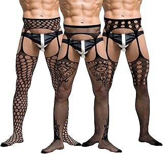 Newcotte Men's Sissy Pantyhose Black Sexy Lingerie Lace Fishnet Thigh High Stocking with Suspender