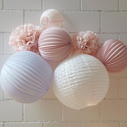 Sous Le Lampion Kit De Lampions Louise 7 Lampions Lanternes Et Pompons De Qualite Superieure Rose Pastel Et Blanc Avec Kit D Accroche Decoration De Chambre D Enfant De Fete Et Mariage