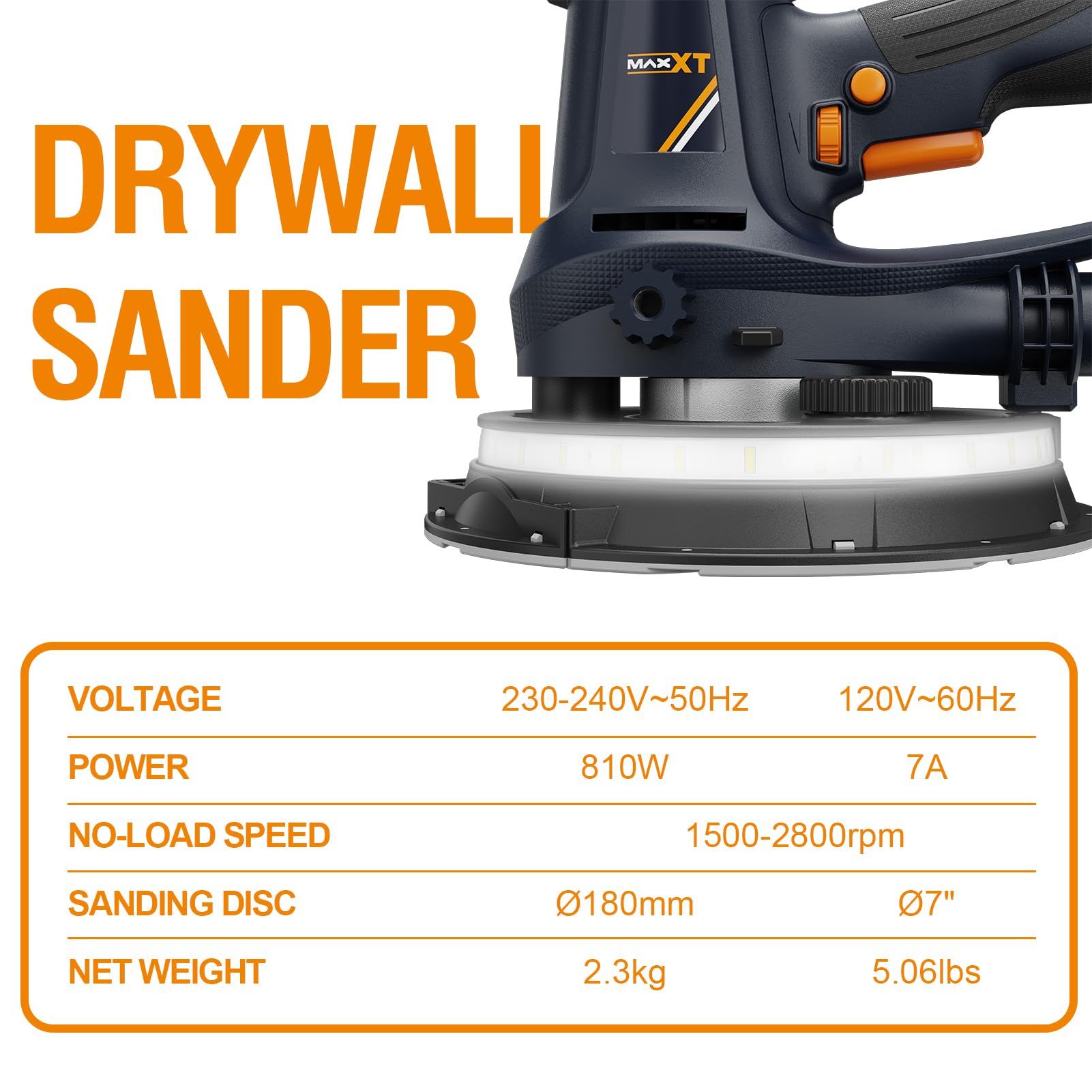 MAXXT 810W Handschleifmaschine für Trockenbau, Elektroschleifmaschine für Wände, 1500-2800RPM variable Geschwindigkeit, einstellbare Absaugung, Grob- und Feinschliff, Selbstabsaugung