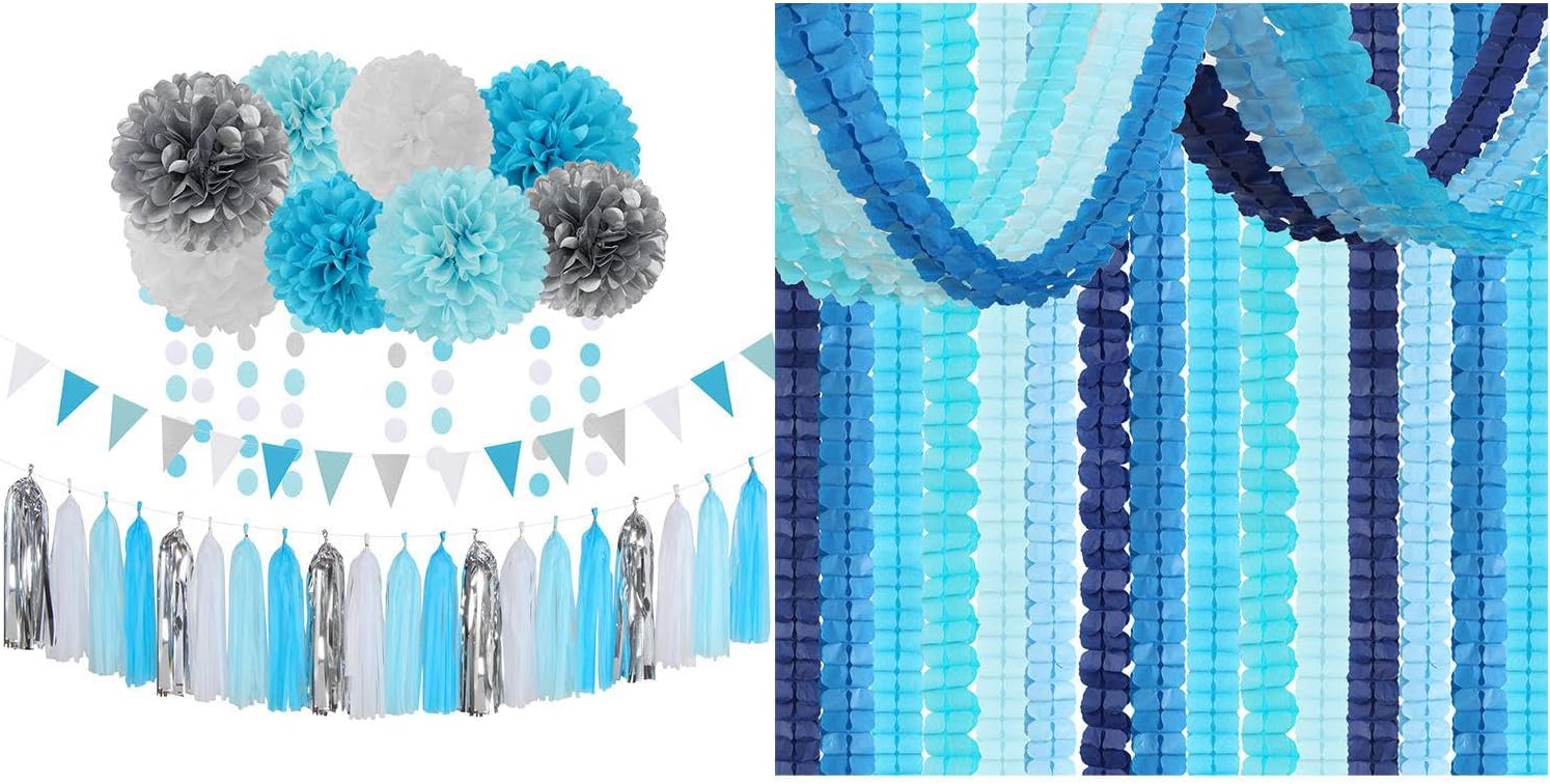 Baby-Royal Navy-Blue Party-Decorations Streamers Garland and Royal-Light Blue Silver Party Decorations