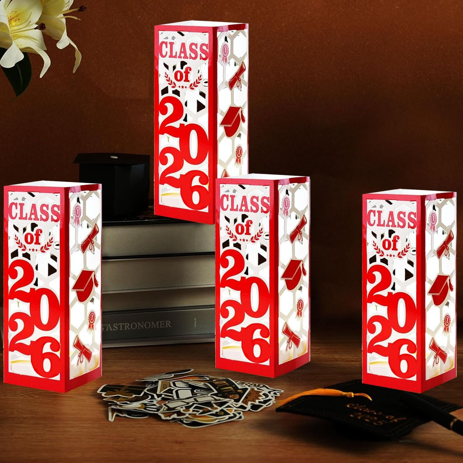 12 Pcs Light Up Graduation Centerpieces- Class of 2026 Graduation Decorations Lantern Boxes for College High School Congrats Graduation Party Supplies(Red)