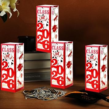 6 Pcs Light Up Graduation Centerpieces- Class of 2026 Graduation Decorations Lantern Boxes for College High School Congrats Graduation Party SuppliesRed