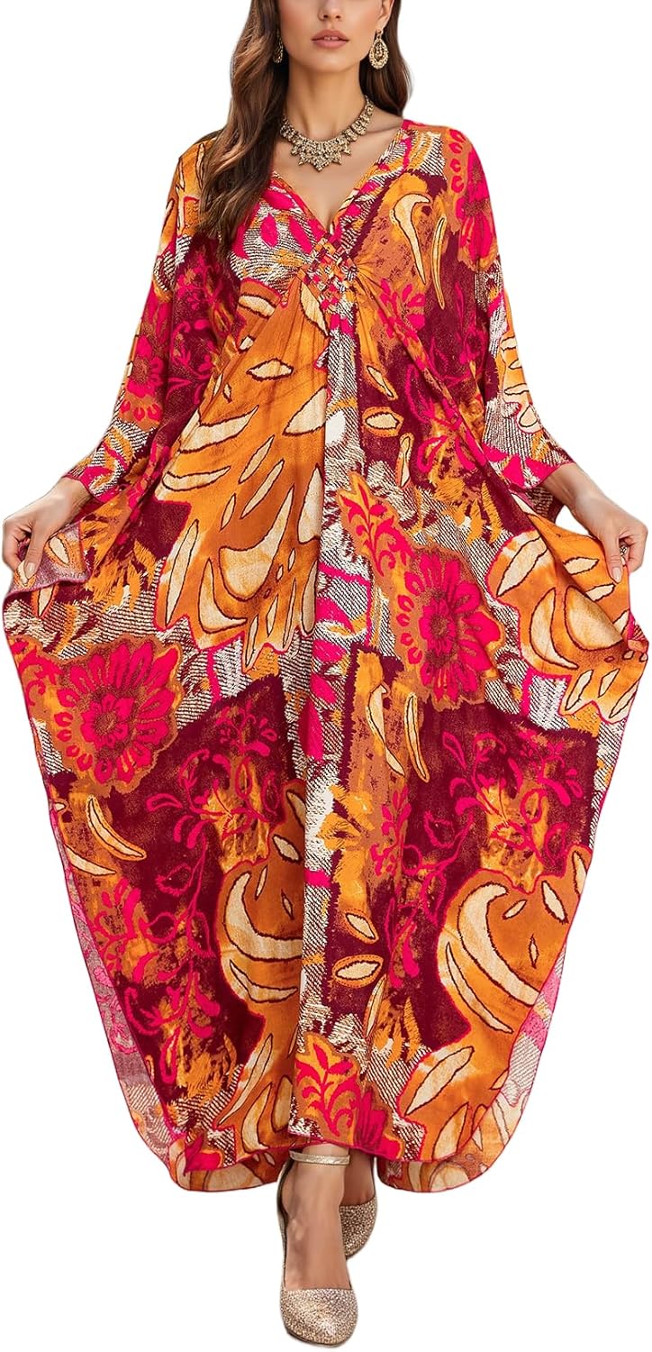 ELSCIRW Women's Caftan Dresses Plus Size Mumu with V-Neck Batwing Sleeves Lightweight Beach Cover Up and Loungewear