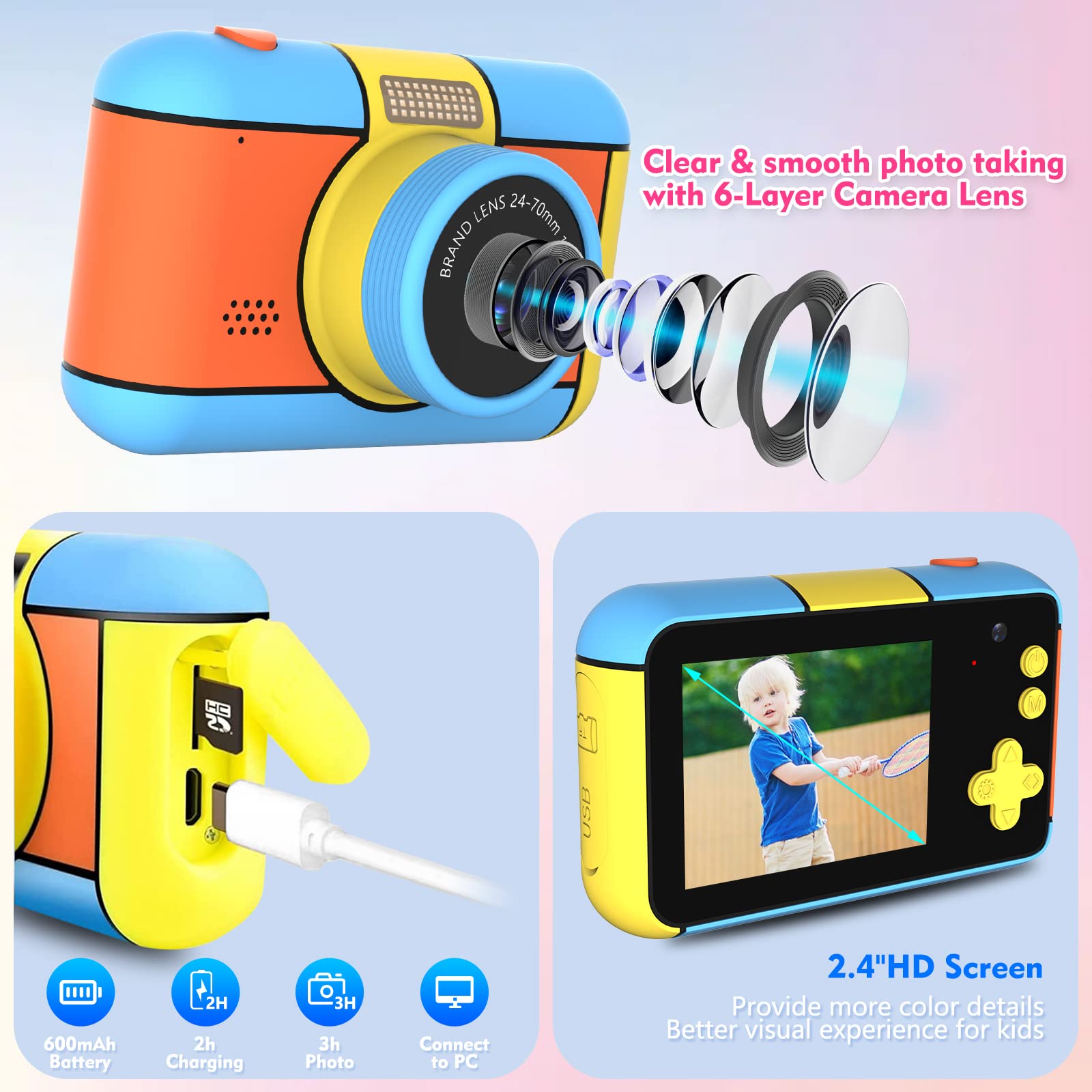 Rose avec carte TF 32 Go-Mini appareil Photo numérique HD 1080P pour enfants, caméscope de
