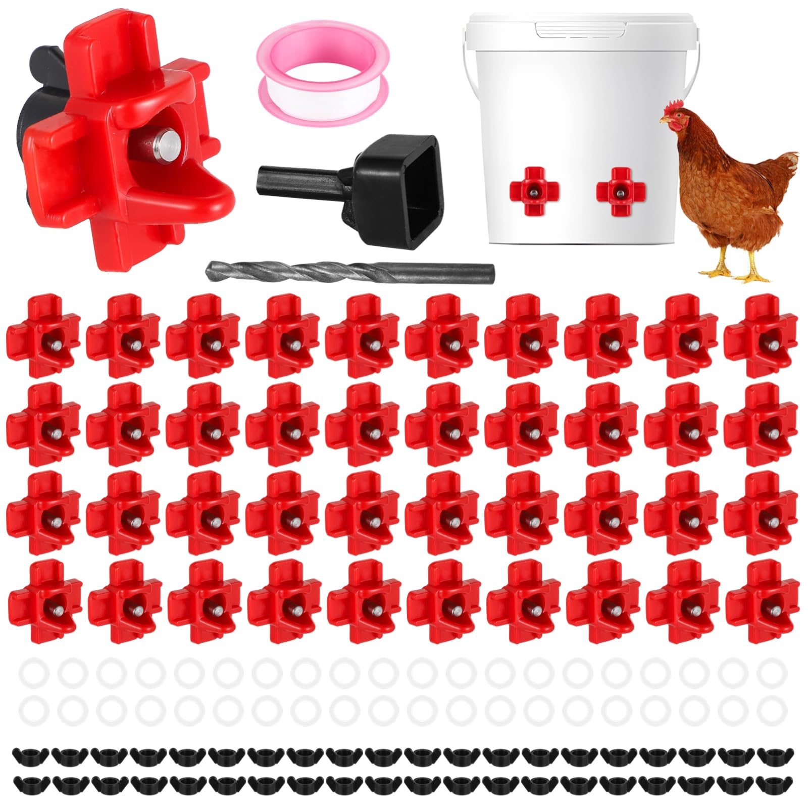 40 bebederos para pollos, juego de bebedero horizontal para pollos, bebedero automático para aves con taladro, tuercas de mariposa y cinta de sellado, a prueba de fugas para cubos de agua, gallinero