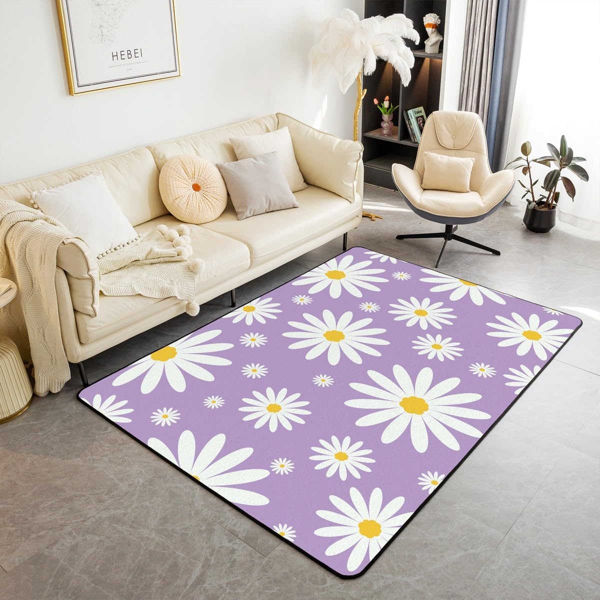 Erosebridal Kids Cartoon Flower Area Rug 4'11" x 3'3" for Bedroom Living Room Playroom,Purple White Daisy Carpet,Groovy Floral Indoor Floor Mat Non Slip,Wildlife Decorative Rug