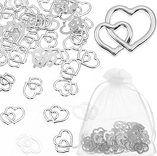 Weysat 50 Pcs Love Heart Shaped Confetti with 1 Pcs White Organza Bag, Silver Bridal Shower Confetti for Wedding Ideas Valentines Day Decor