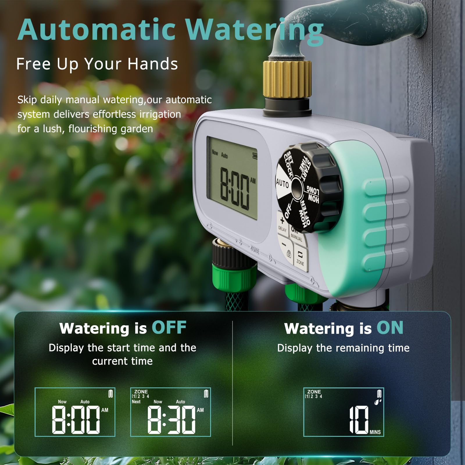 QUOBAS Timer per irrigazione a goccia, per tubo da giardino, programmabile, in ottone, digitale, 4 zone, per irrigazione a goccia, piscina, con ritardo della pioggia/auto/manuale, schermo impermeabile