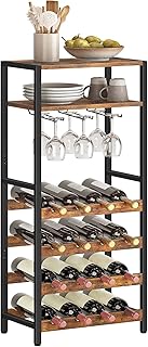 HOOBRO Wine Racks, Wine Holder Display Storage Shelves, Wooden Wine Shelf, 16 Bottle Wine Storage Rack with Glass Holder, Bar Shelves, Tall, Industrial, for Kitchen, Cellar, Rustic Brown EBF04JJ01