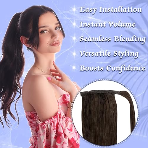 Miniatura 4 de Full Shine Extensiones de cabello humano con clip, color castaño medio, reflejos rubio miel, extensiones de cola de caballo lacias, para mujeres,
