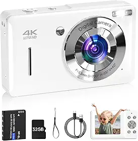 Câmera Digital FHD 1080p 44MP para Crianças e Adolescentes, com Detecção de Rosto, Captura de Sorriso, Zoom 18x, 20 Filtros, Antivibração, Branca Vintage