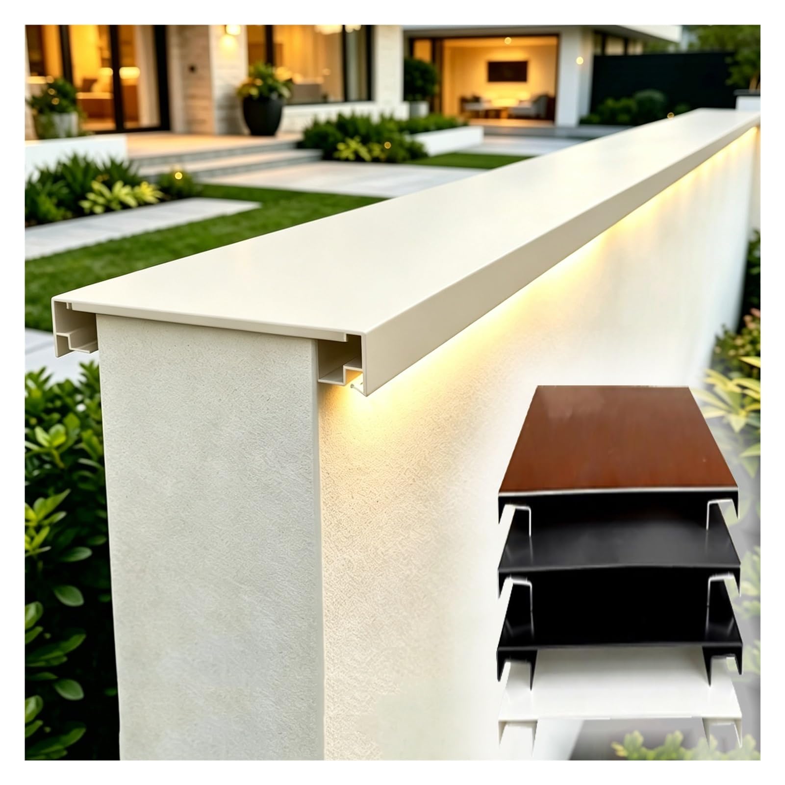 Cubremuros Aluminio Vallas Parapetos Jardín Cubiertas | Muros 13-30.5cm, canal LED integrado, doble borde vierteaguas inti-manchas, base de acople sin costuras muro